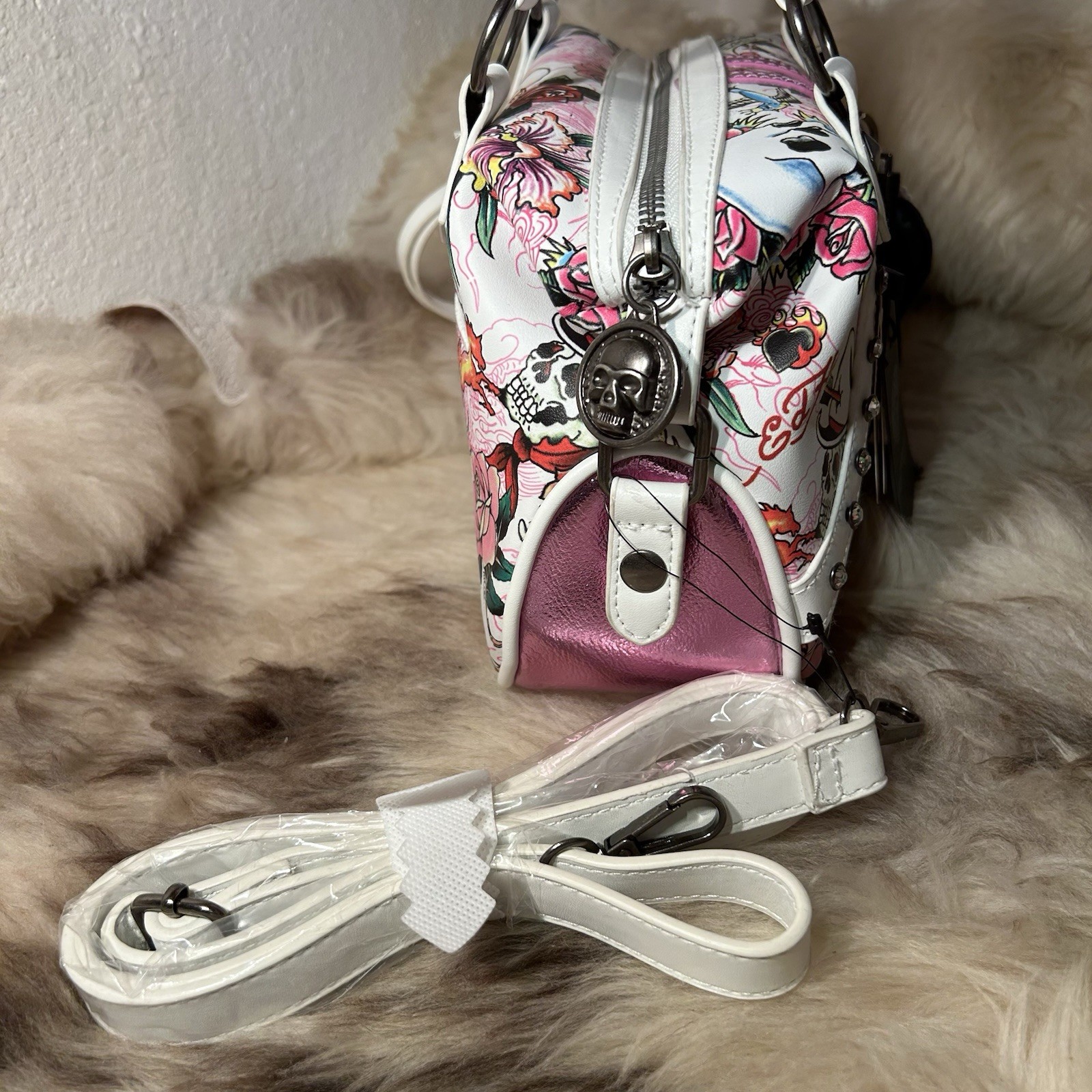 NWT Ed Hardy Satchel / Crossbody Bag – Skulls & More – White Multi