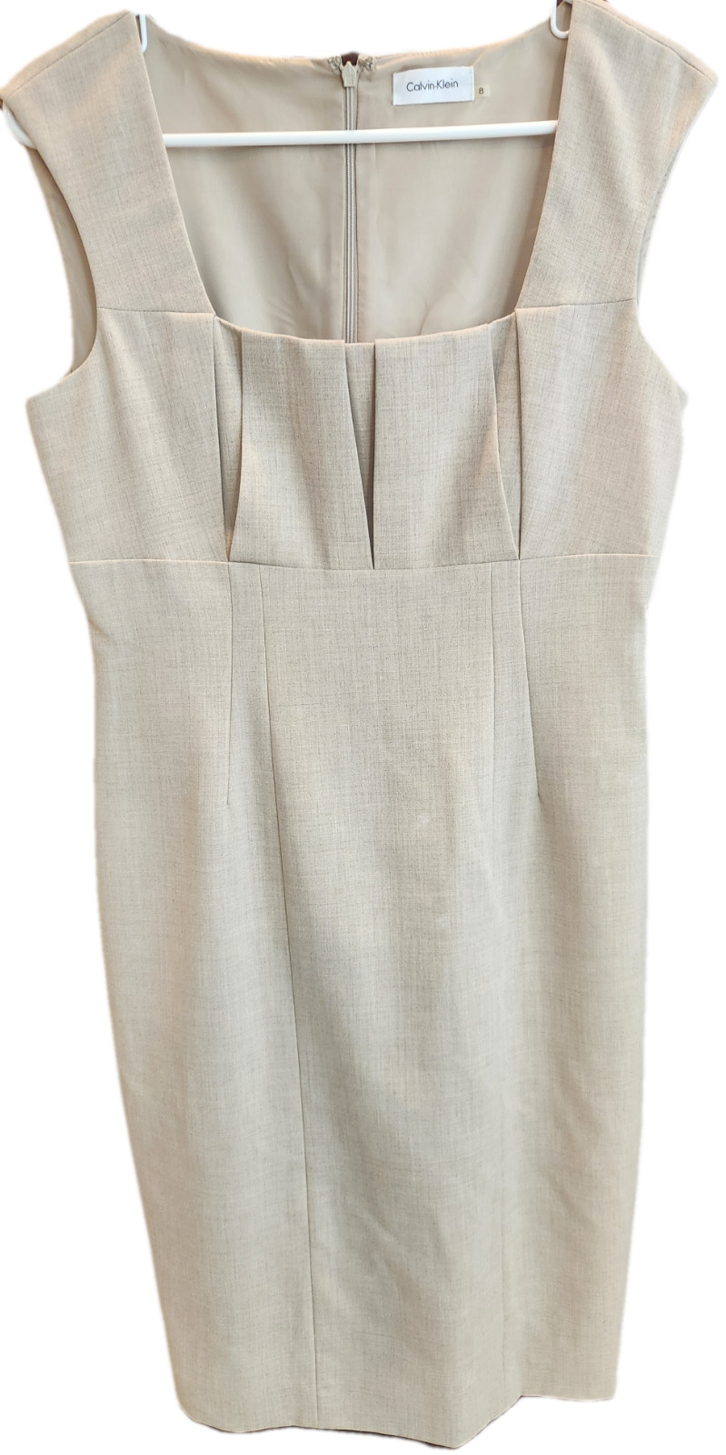 NEW Sz 8 Calvin Klein Sleeveless Tan Sheath Dress Pleated Bodice Square Neckline