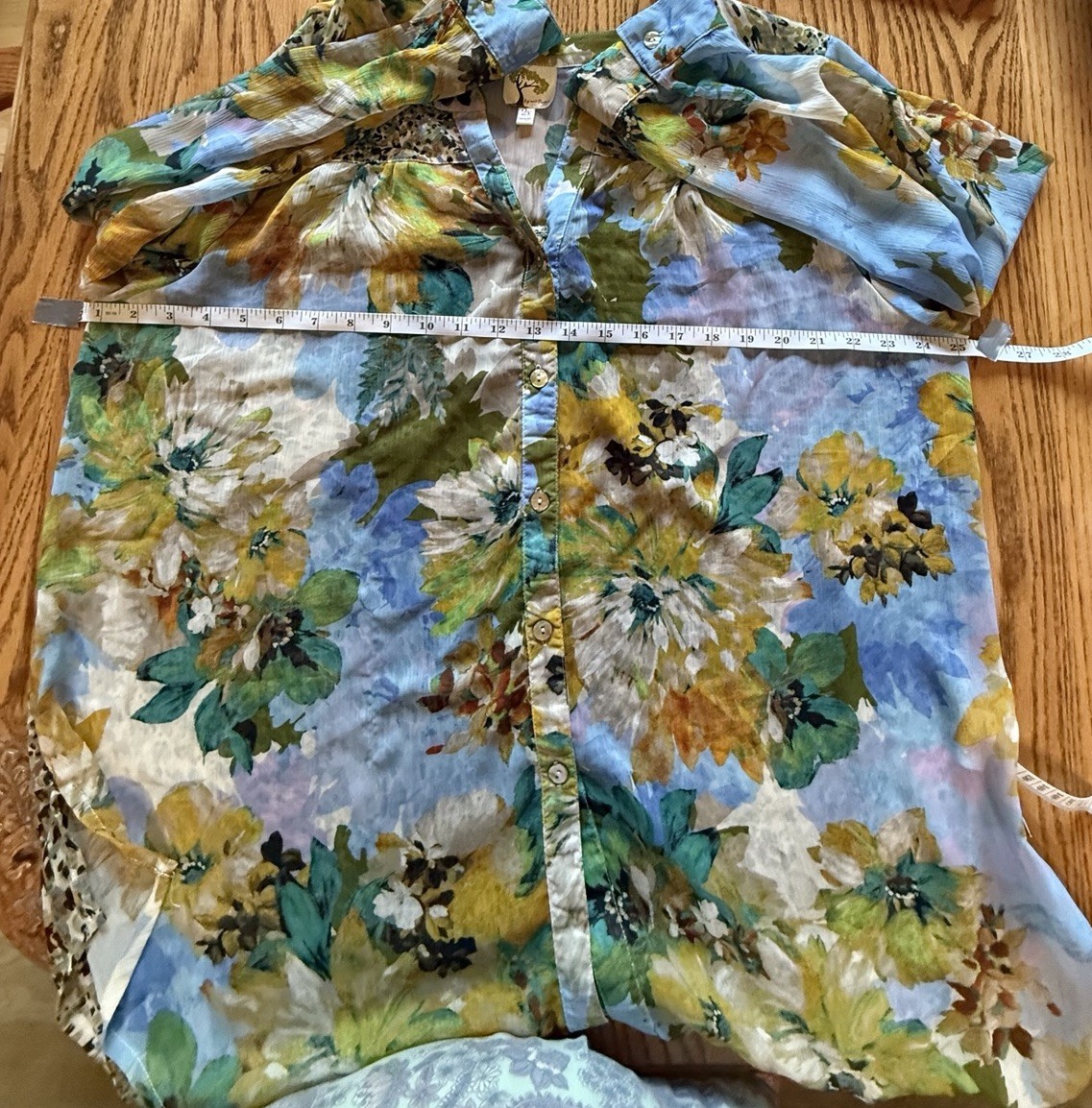 Fig and Flower Floral Print Sheer Blouse Roll Tab Sleeve Shell Buttons 2X