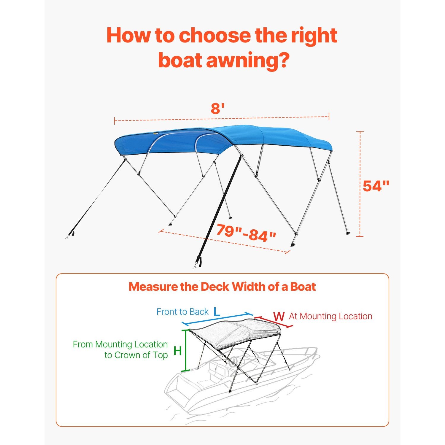 4 Bow Boat Bimini Top, 600D Polyester, Aluminum Frame, Waterproof Sun Shade