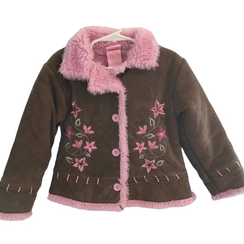 NANETTE LEPORE Floral Embroidered Sherpa Lined Jacket in Brown & Pink GIRLS 5