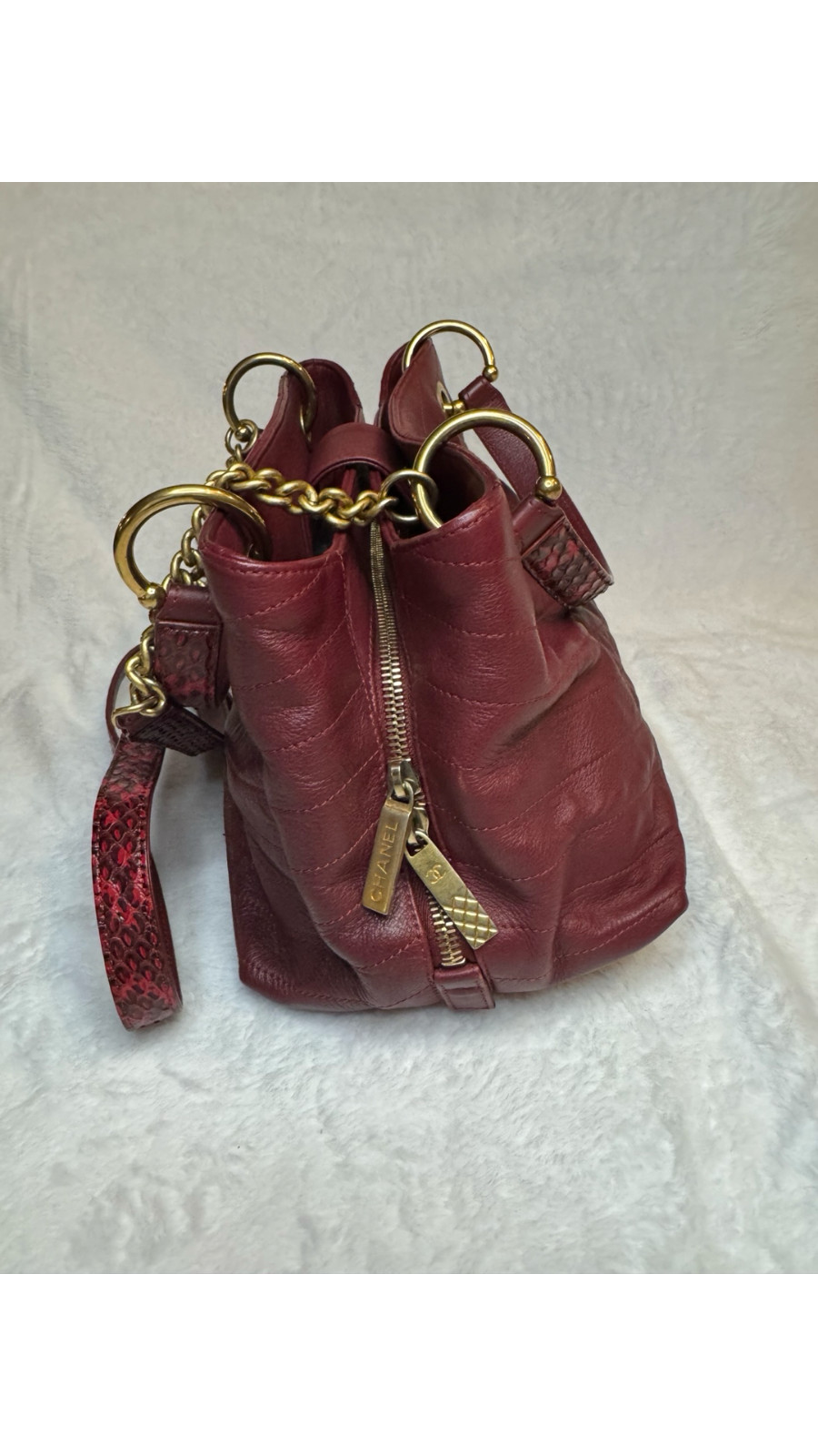 Chanel Chevron Chic Shopping Tote Burgundy Lambskin Elaphe Snakeskin Strap Gold