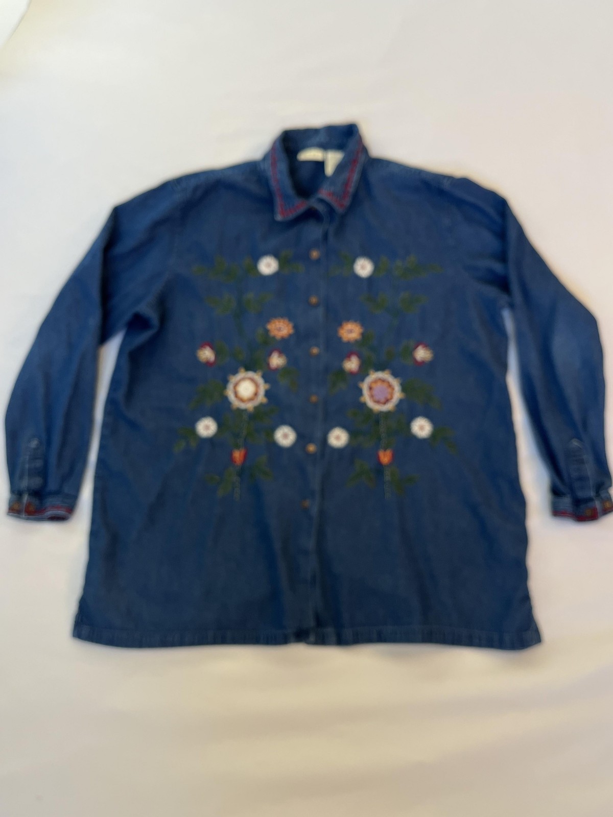 Bobbie Brooks Denim Embroidered Floral Shirt Button Up Tunic Womens XL Blue