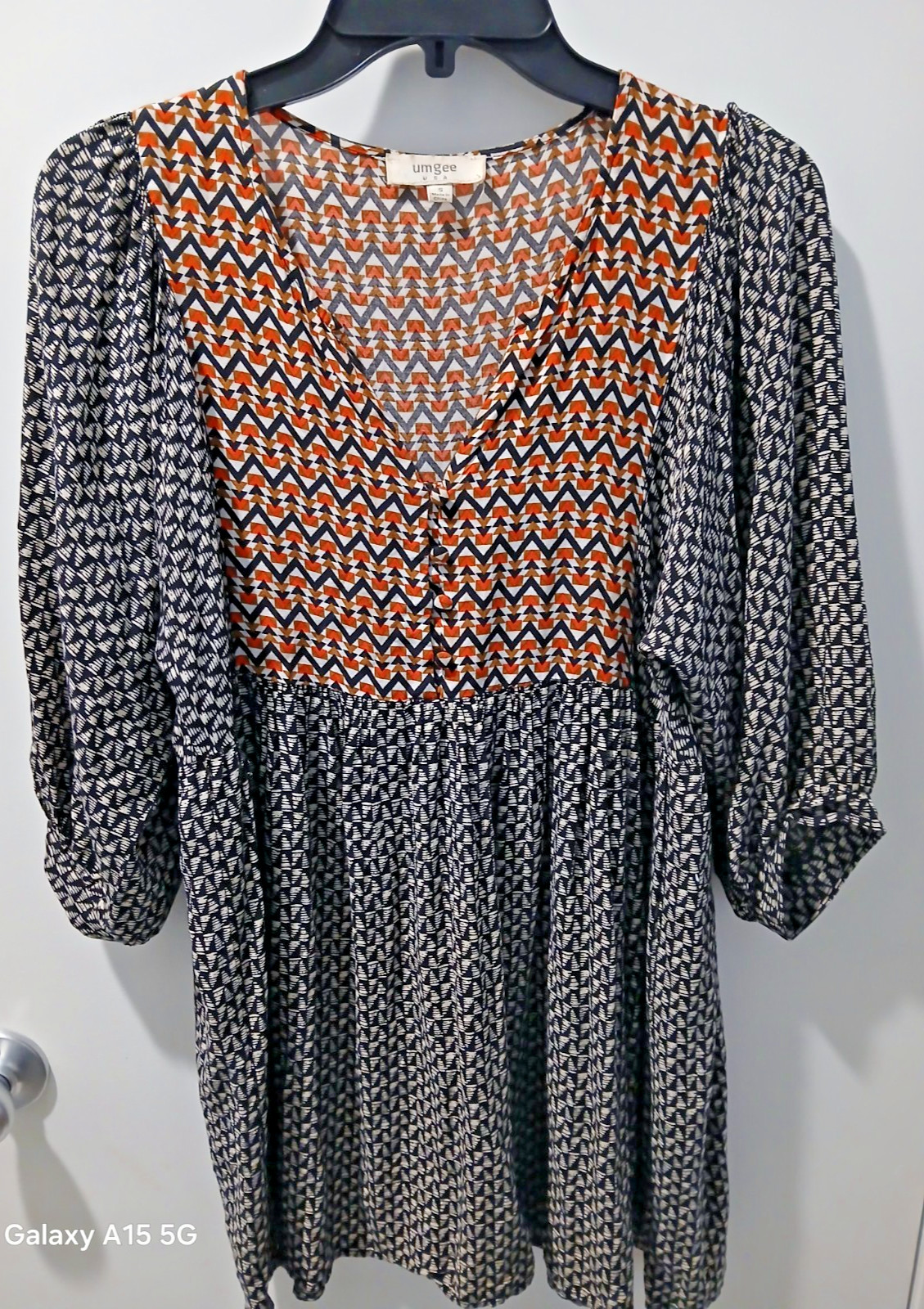 Umgee USA Bohemian Gypsy Peasant Tunic Dress S Blk/Wht Geometric w Orange Yoke