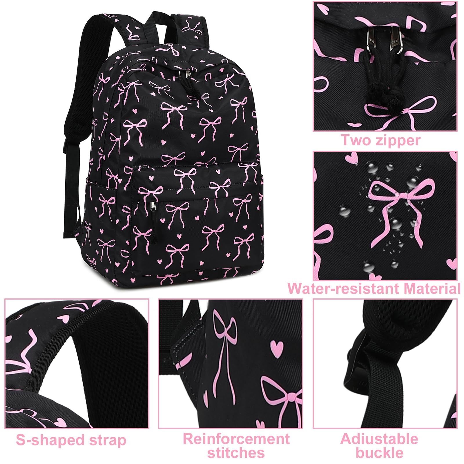 Cute Bow School Backpack For Teen Girls 15.6 Inch Laptop Bookbag Daypack Black