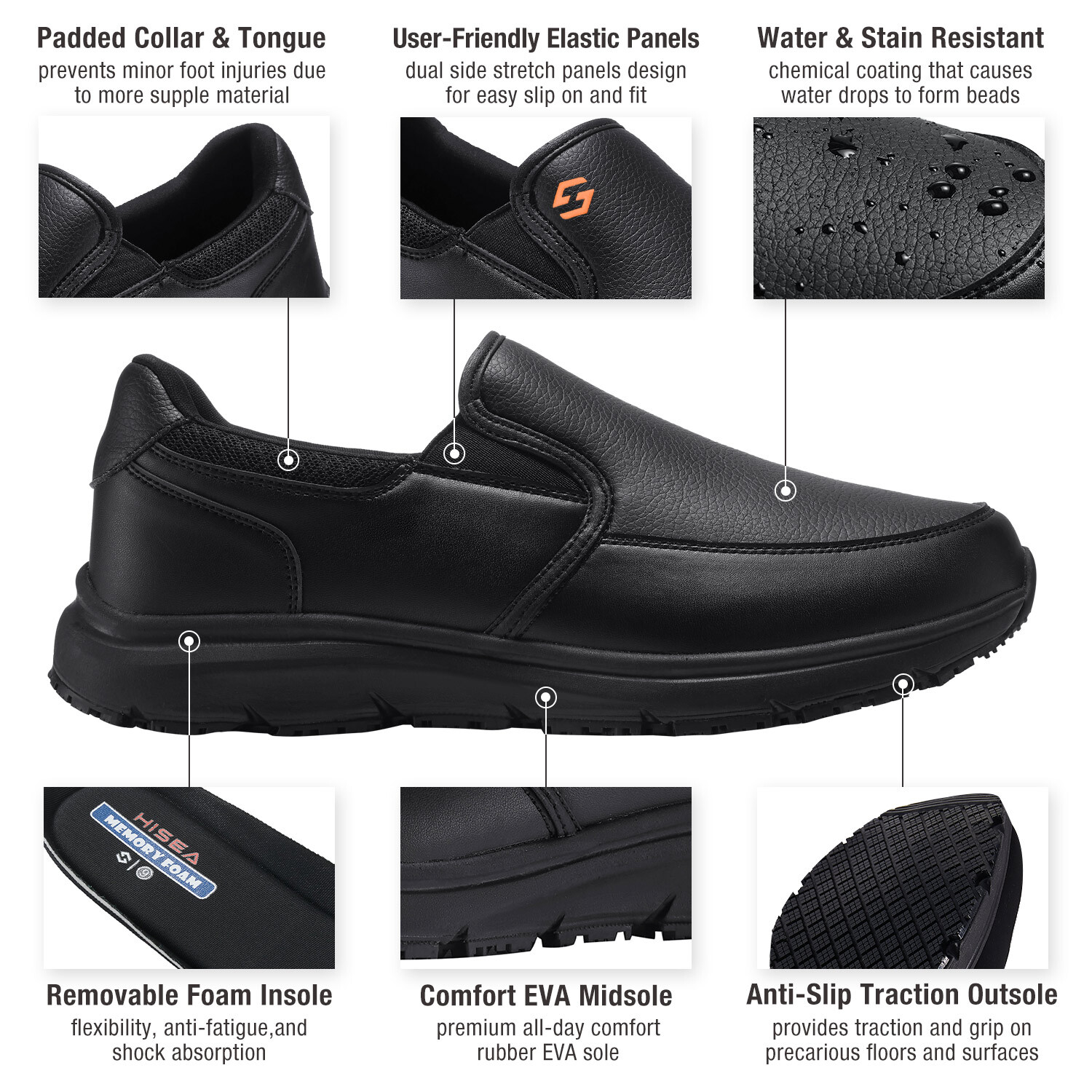 HISEA Men Slip-On Non-Slip Shoes Water & Oil Resistant Chef Restaurant Work Shoe