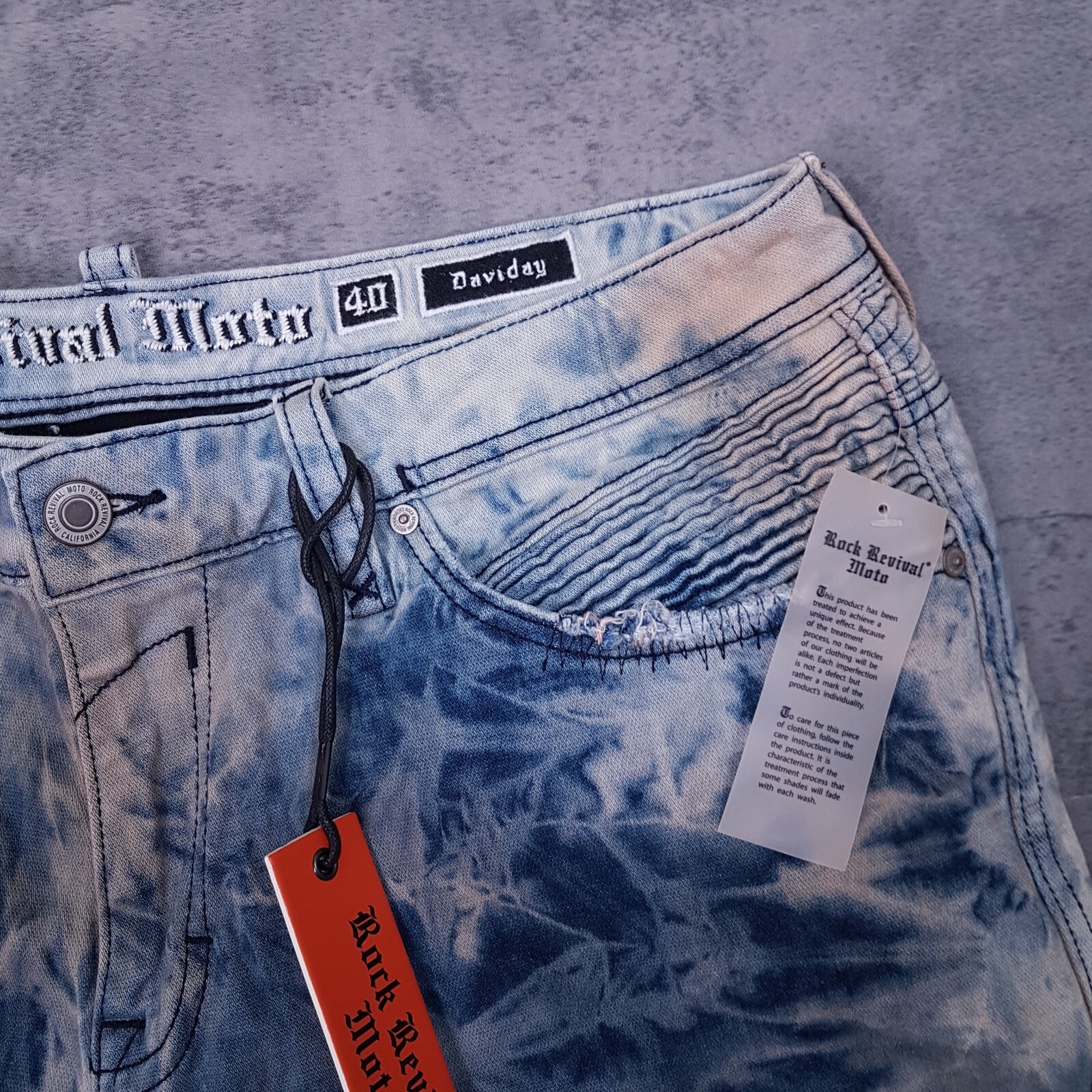 ROCK REVIVAL Daviday Moto Acid Wash Straight Distressed Jeans Mens Size 40×32