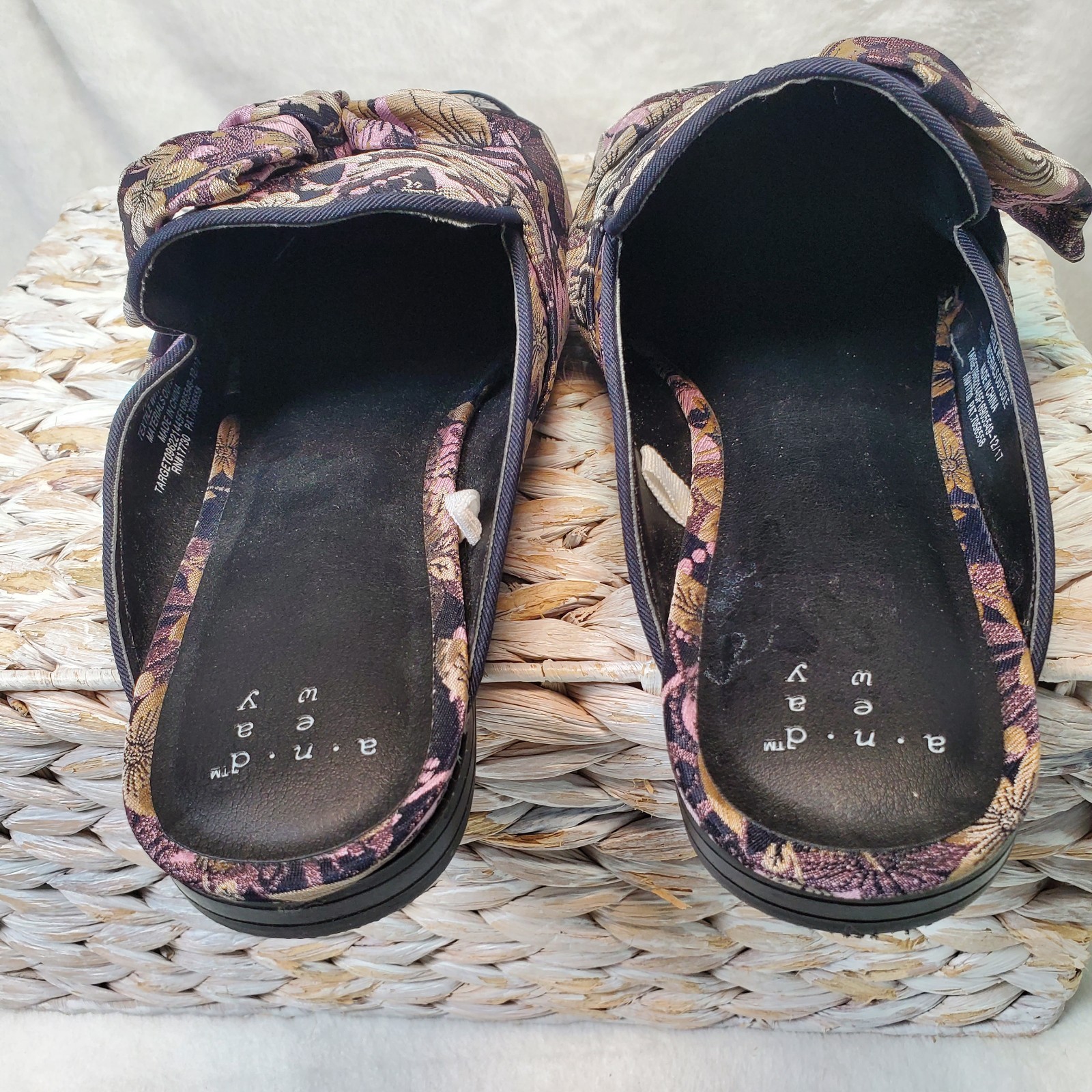 Cottagecore Size 7.5 Holland Jacquard Fabric Knotted Mules Slip-On Victorian