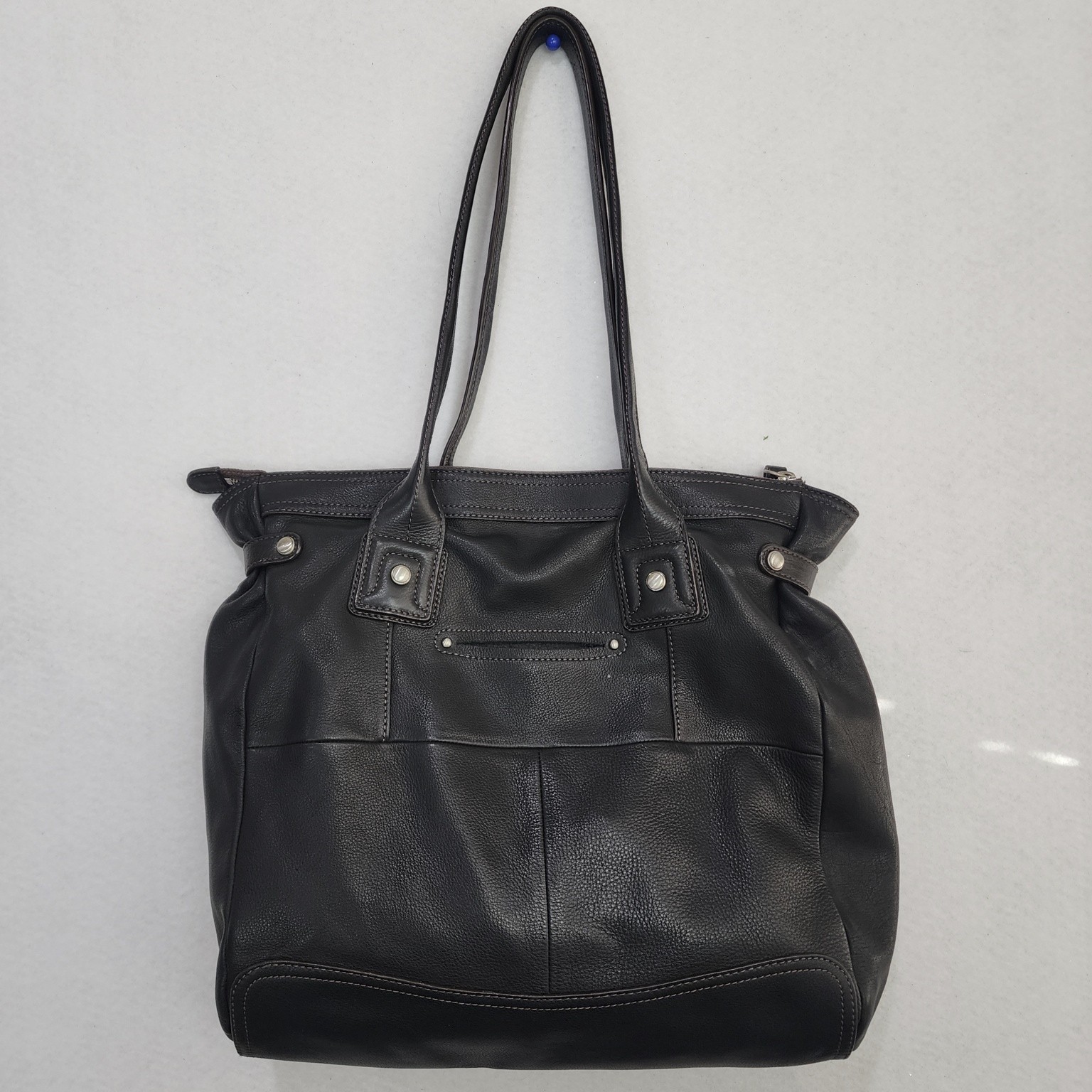 B. Makowsky Satchel Handbag Womens Black Leather Zip Pocket Silver Hardware