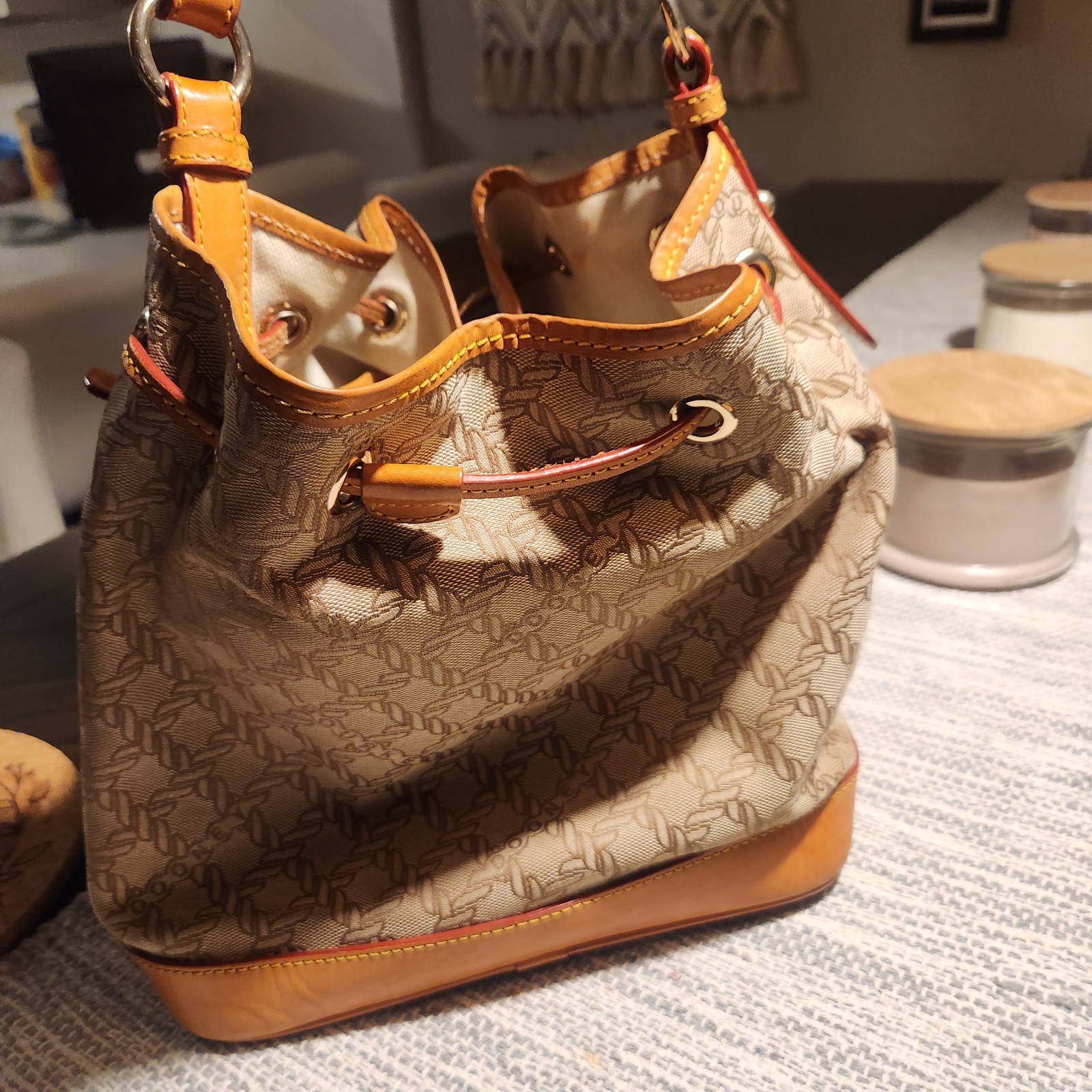 Dooney & Bourke Logo Bucket Drawstring Shoulder Bag Beige/Brown Gold Hardware
