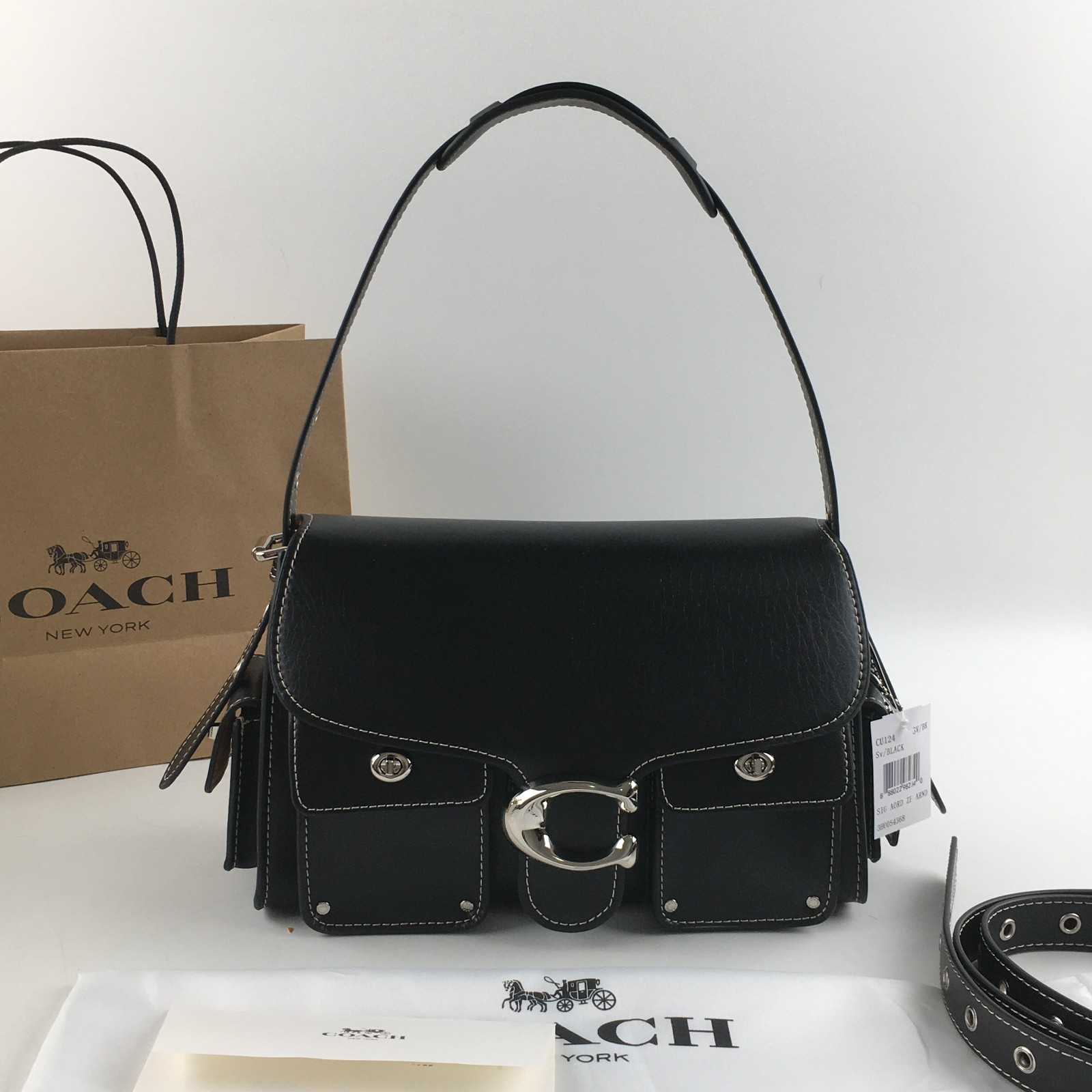 COACH CU124 Cargo Turnlock Soft Tabby Shoulder Bag Black Grain Leather Outlet