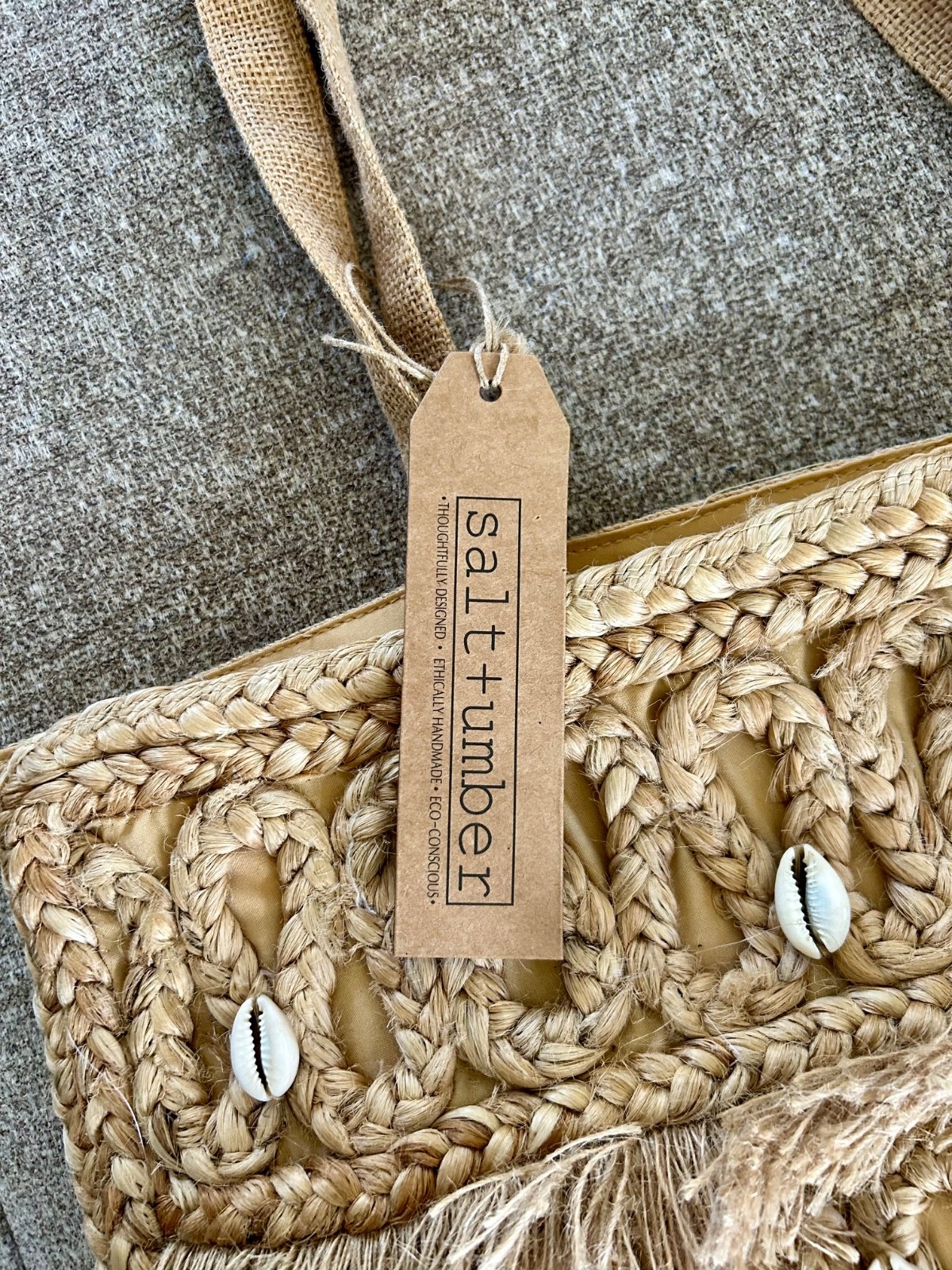 NWT SALT + UMBER Isla Jute Seashell Tote Bag Shells Natural Fringe Beach Tote