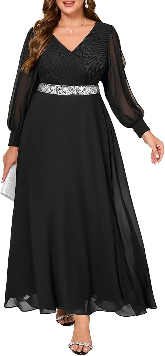 Women Plus Size Formal Dress Evening Gown Long Sleeve Chiffon Beading Maxi – 22W