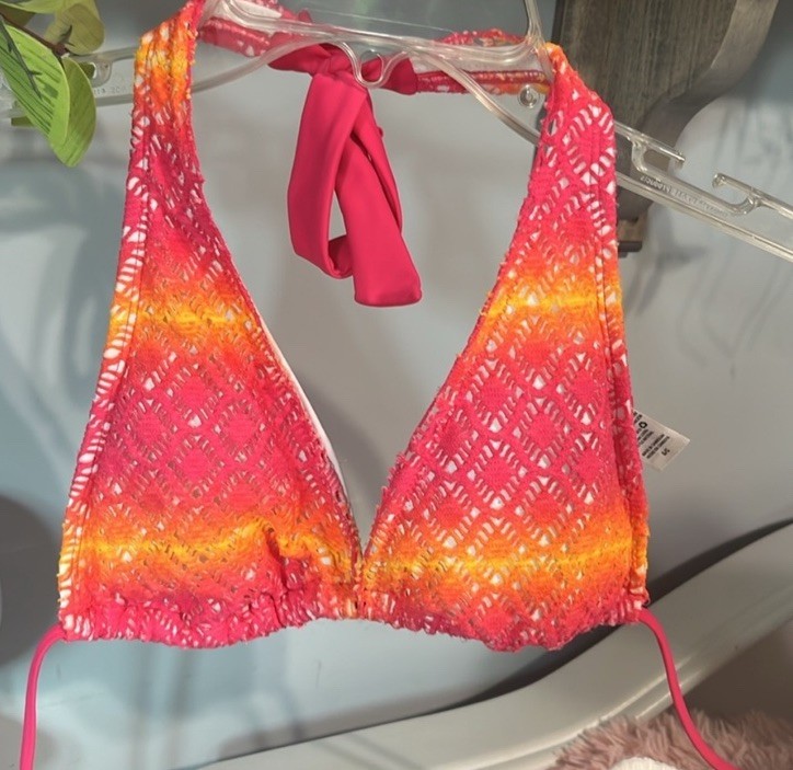 Crochet Lace Colorful Bikini Set Orange Pink Yellow Top S Bottoms M Retro