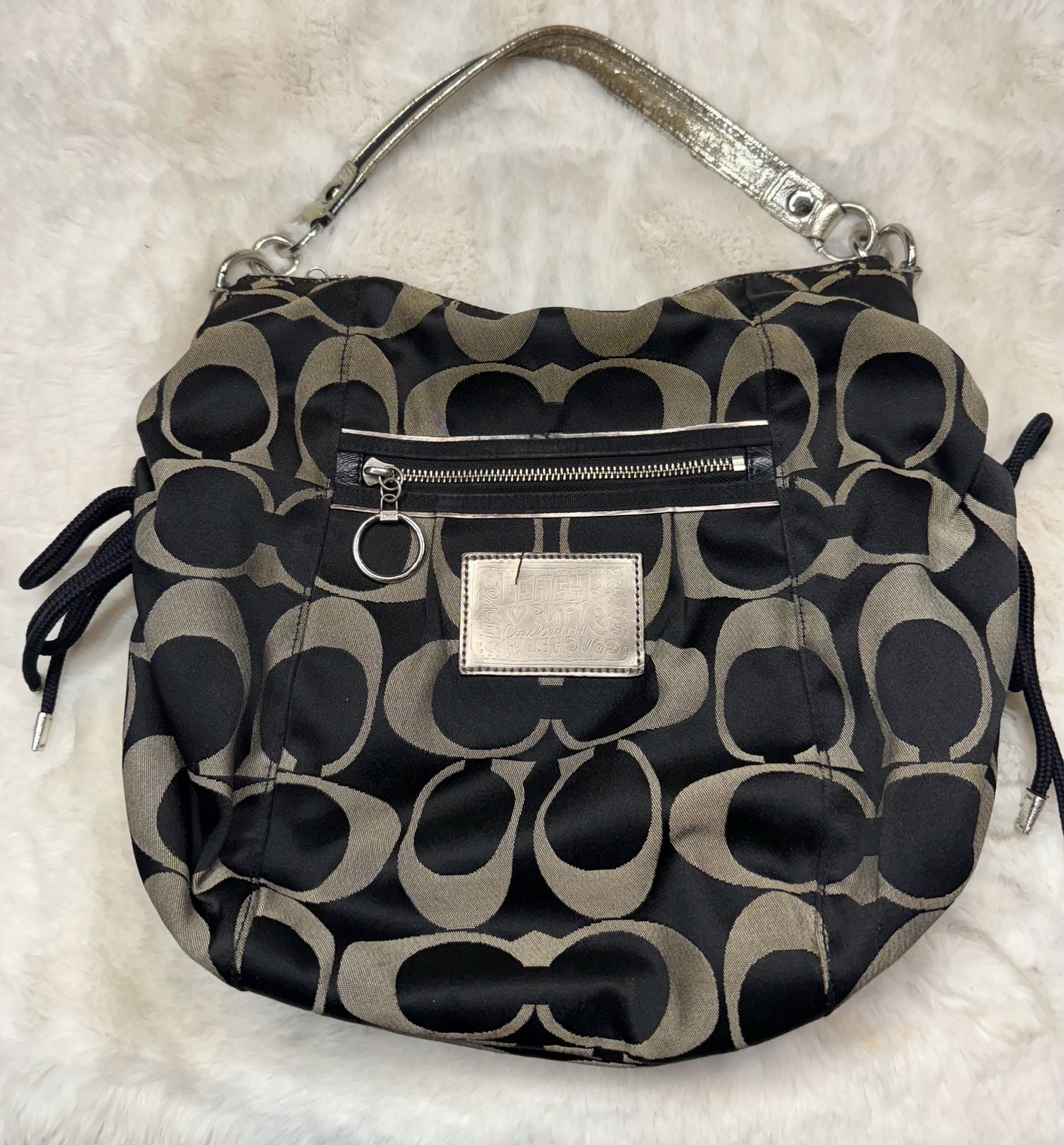 Coach Poppy Signature C Hobo Bag in Black and Grey with Metallic Strap