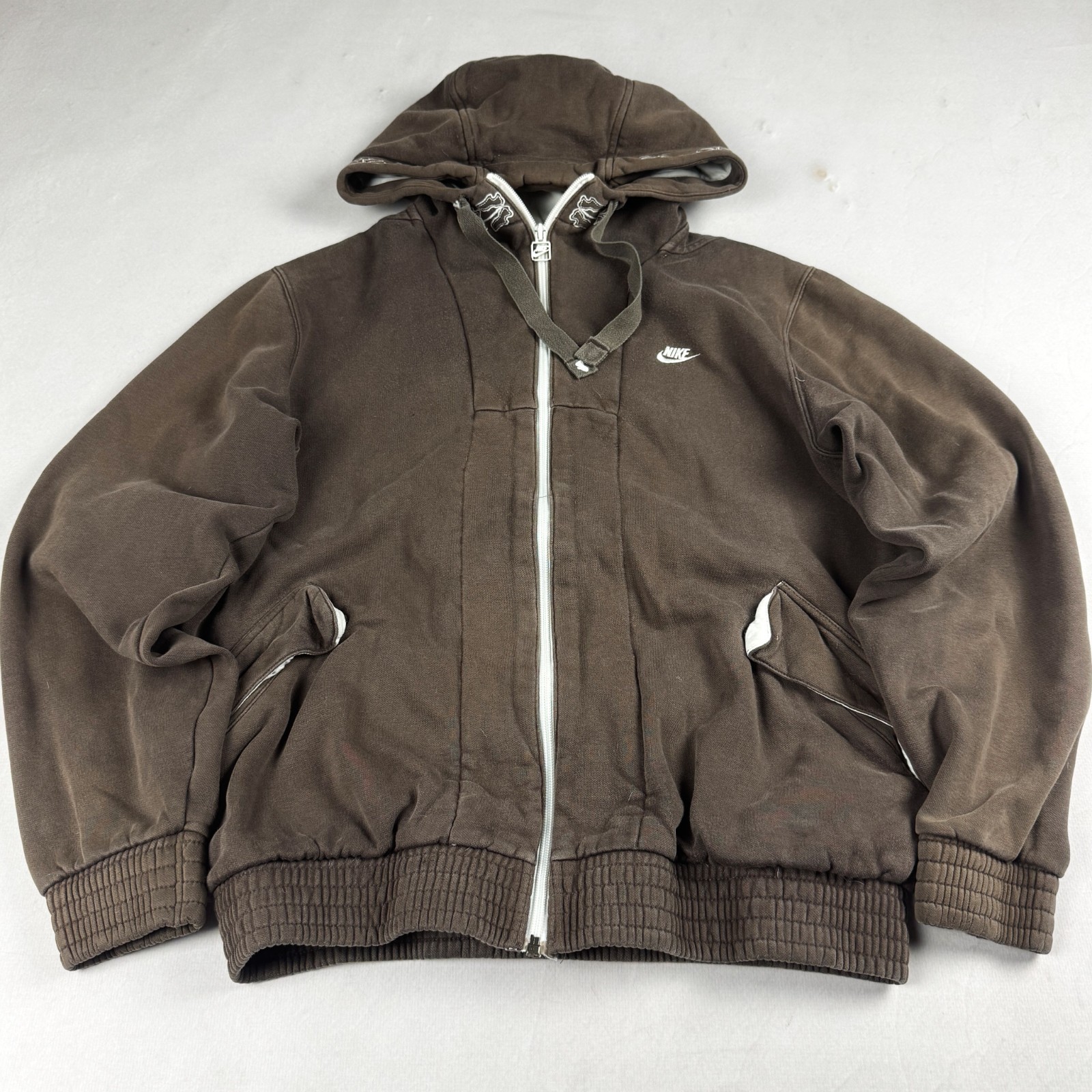 Womens Nike Y2K Full Zip Hoodie Brown Faded Heavyweight Sweatshirt Minimal Sport