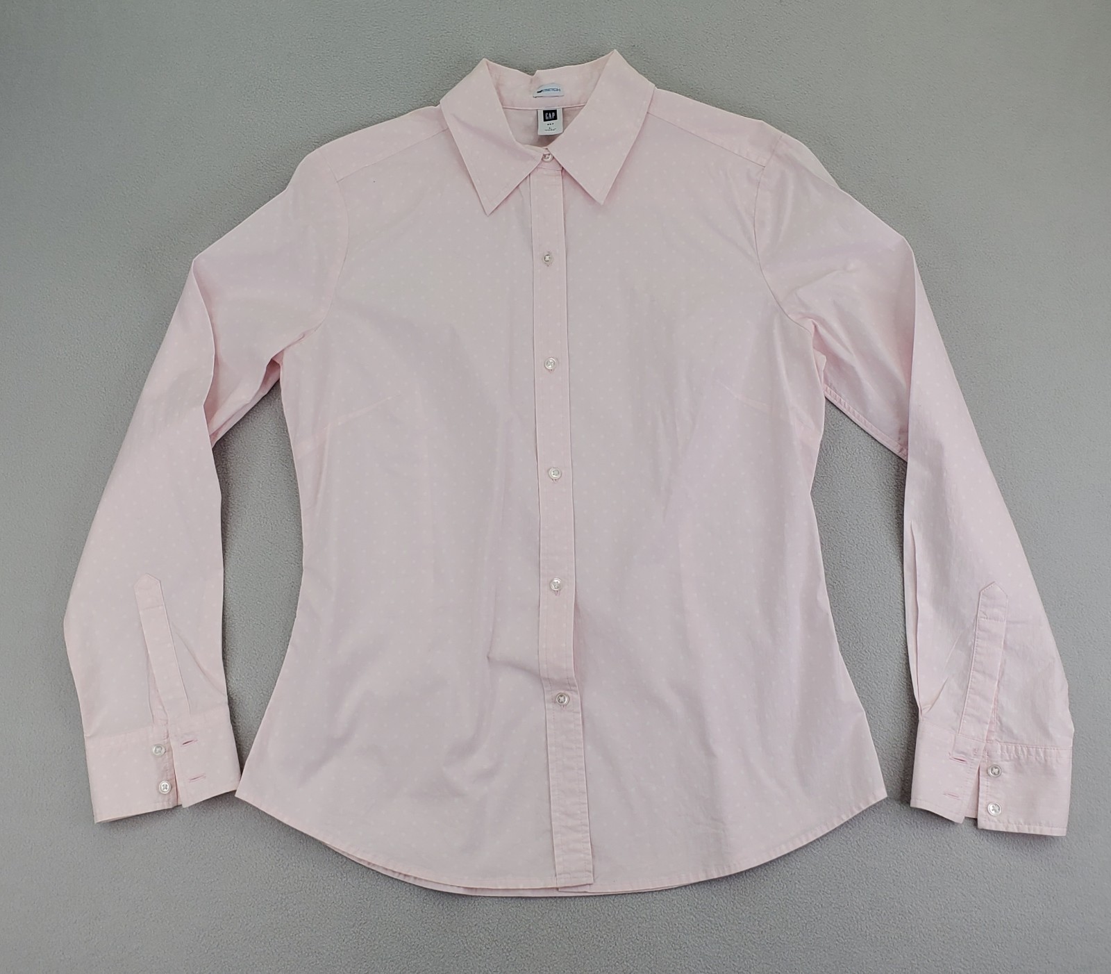 GAP Stretch Button Shirt Women L Soft Pink White Polka Dot Cotton Spandex Fitted