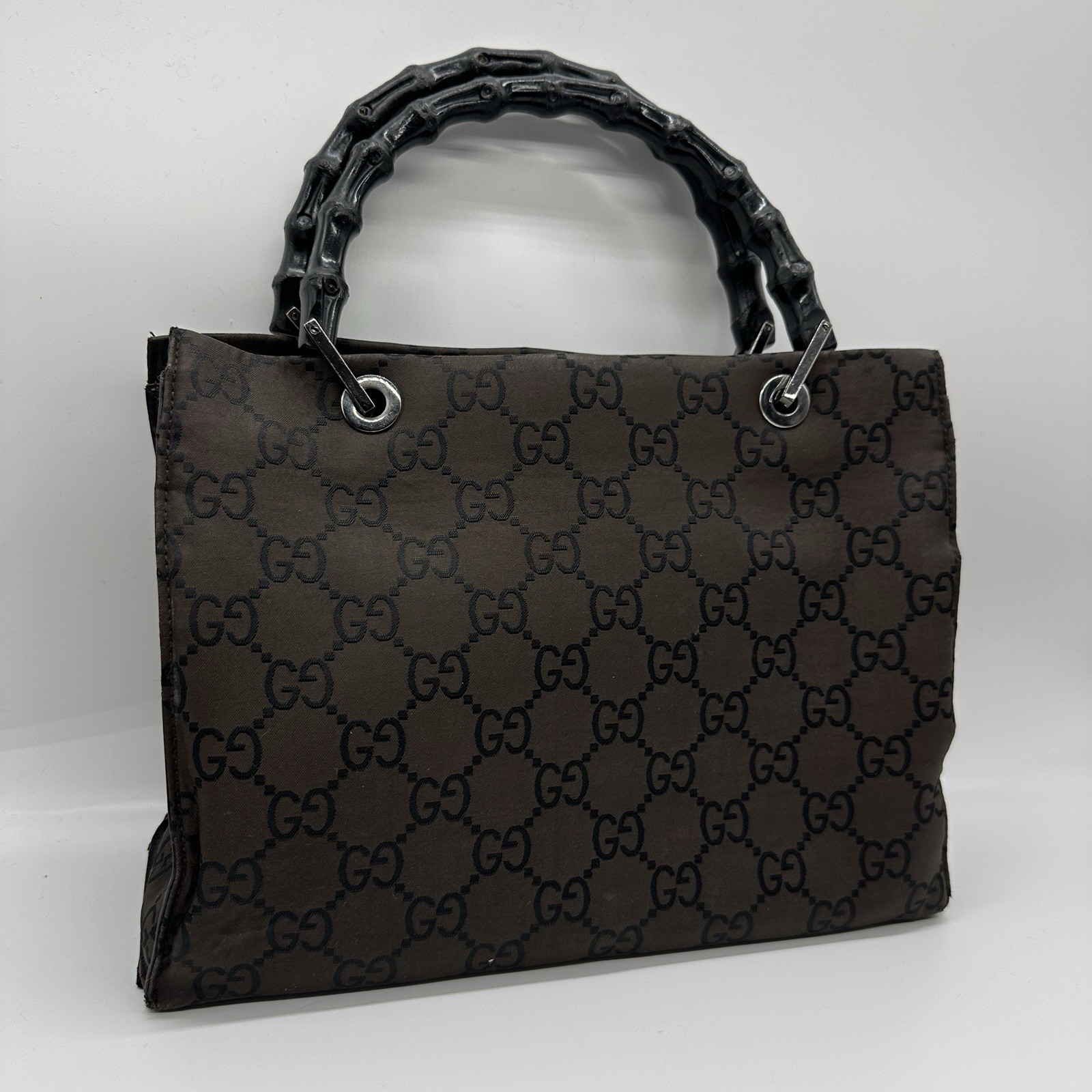 Gucci Handbag Bamboo GG Nylon Dark Brown Purse Double Handle Authentic