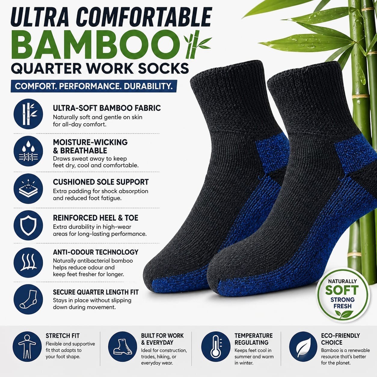 Men’s Breathable Anti Sweat Heavy Duty Cotton Bamboo Work Boot Socks Big Foot