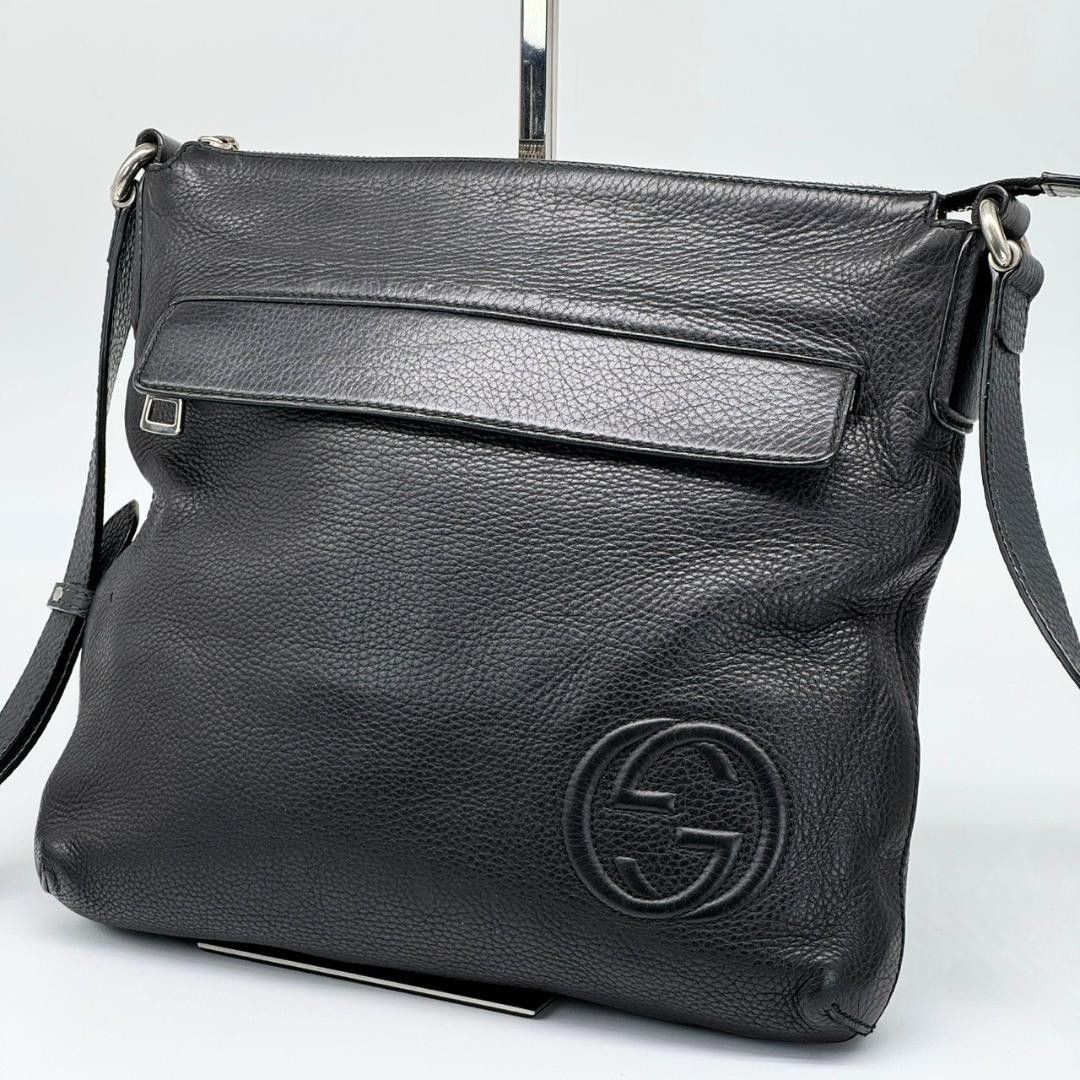 GUCCI Interlocking G Shoulder Bag Black Leather Handbag 26cm x 27cm x 5cm Strap