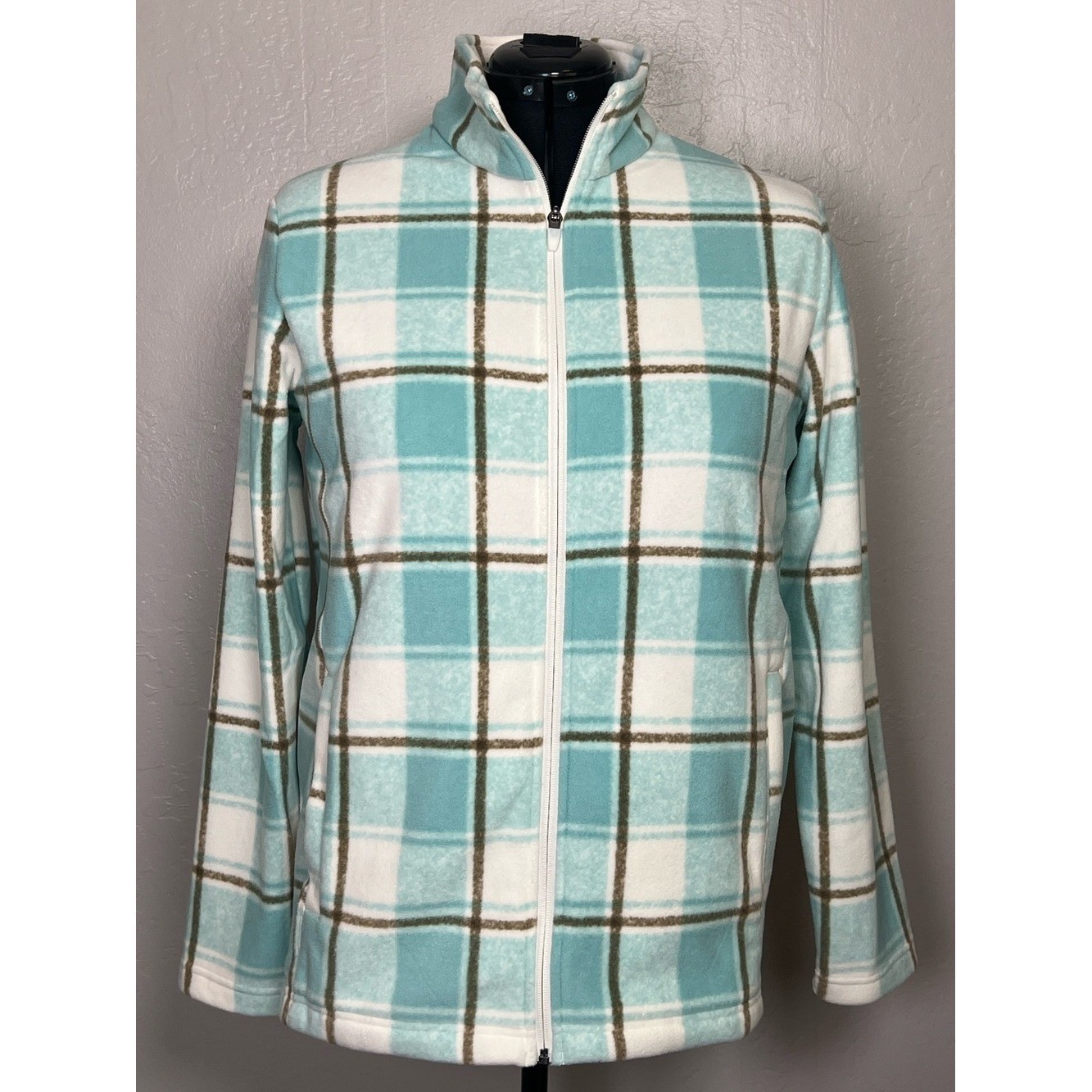 LAND’S END Women’s Size L (14-16) Mint Sky Buff Check Fleece Full Zip Jacket