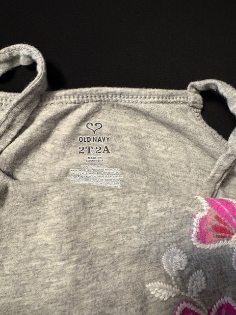 Old Navy size 2T gray tank with pink flowers/butterfly embroidered edges