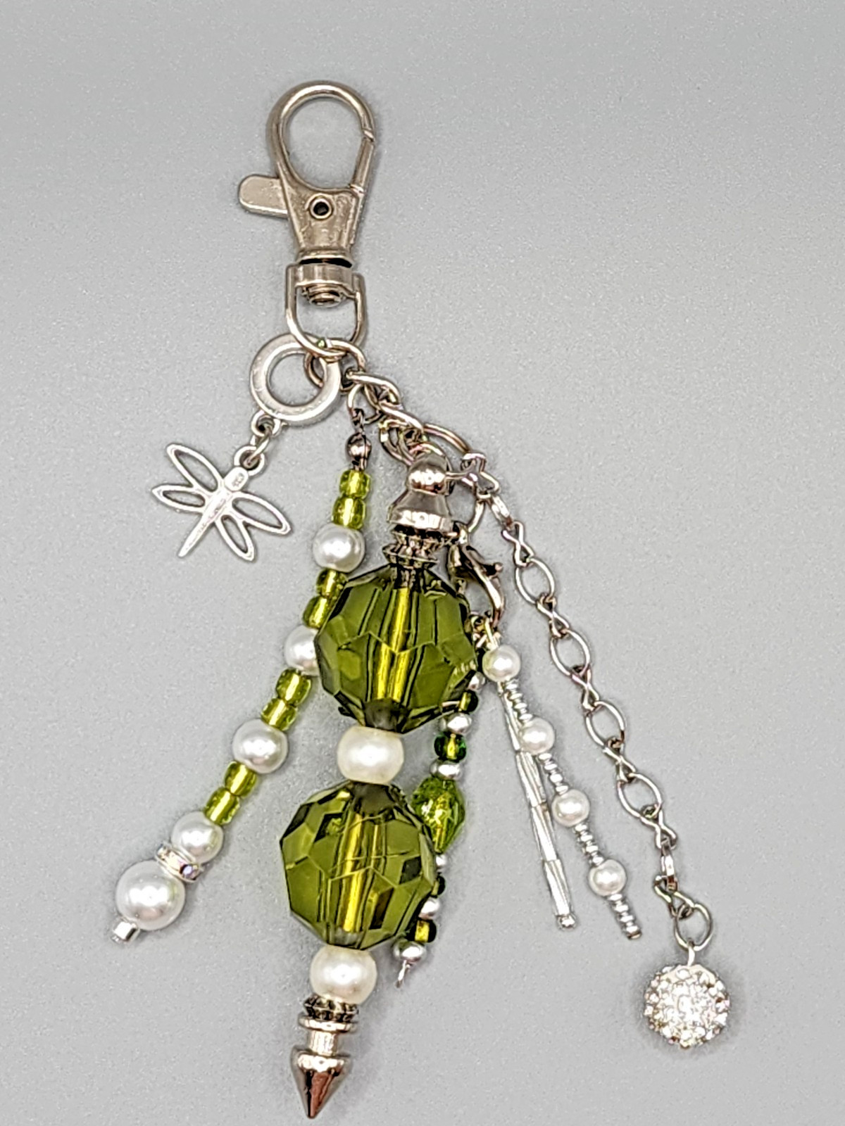 Olive Green Pearl Dragonfly Bag Charm – Crystal Beads, Silver Clasp, Nature Insp