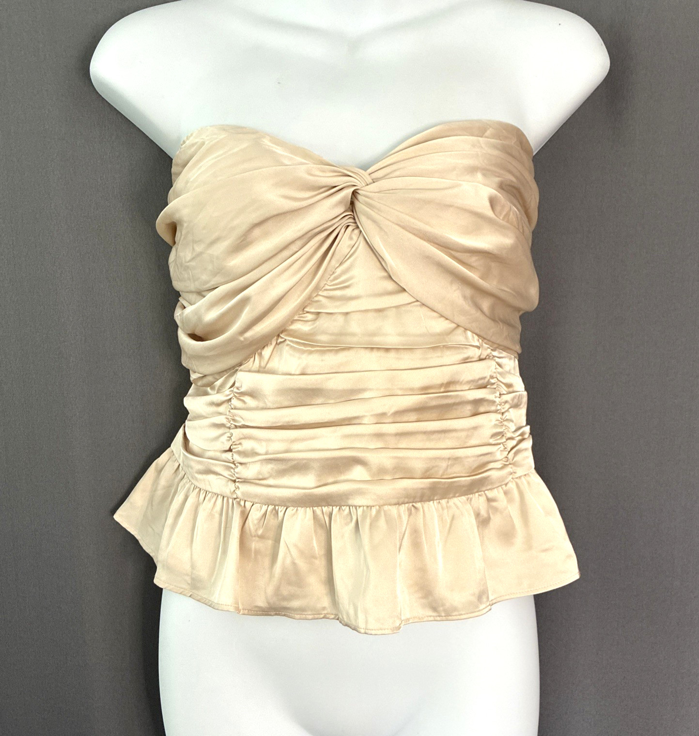 Express Strapless Peplum Pleated Satin Top Sz XL Beige Champagne Romantic Fairy