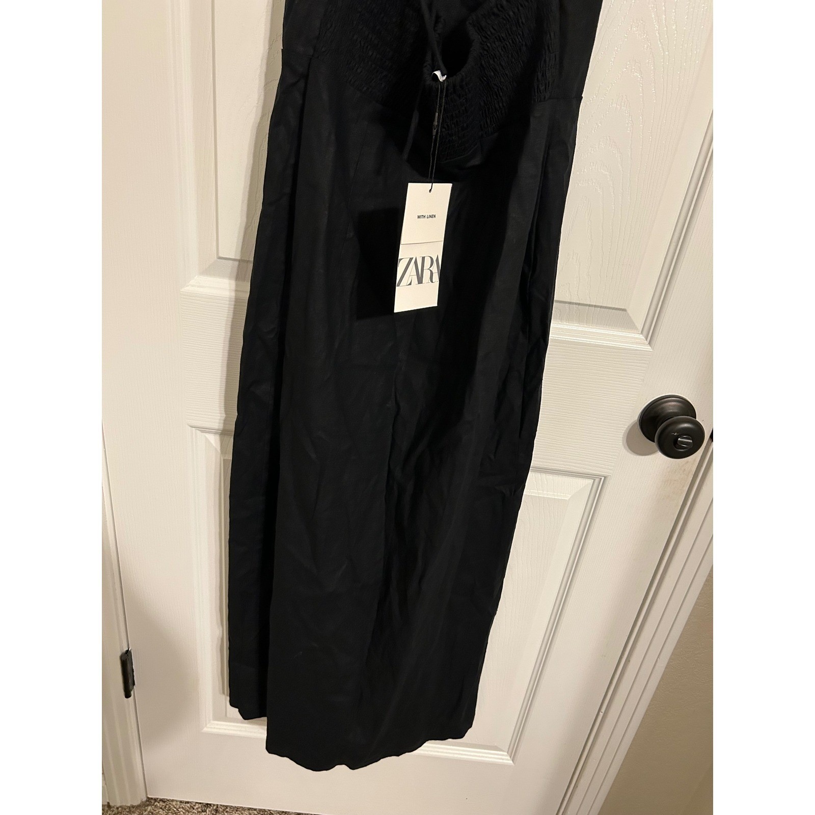 Zara Black Linen Blend Midi Dress Spaghetti Strap Cut Out Back NWT