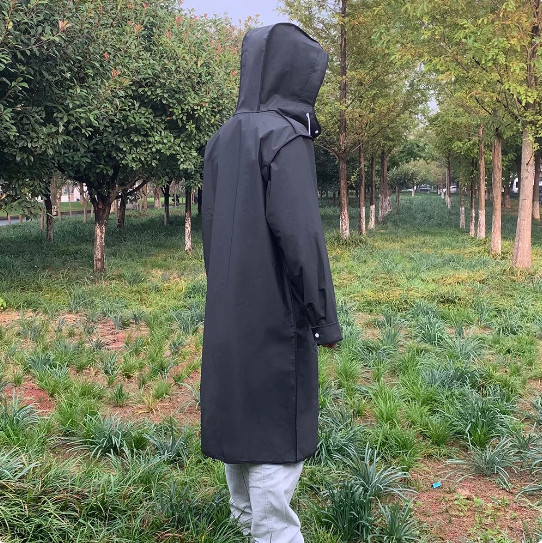 Men Black Waterproof Long Raincoat Hooded Trench Jacket Outdoor Hiking Rain Coat