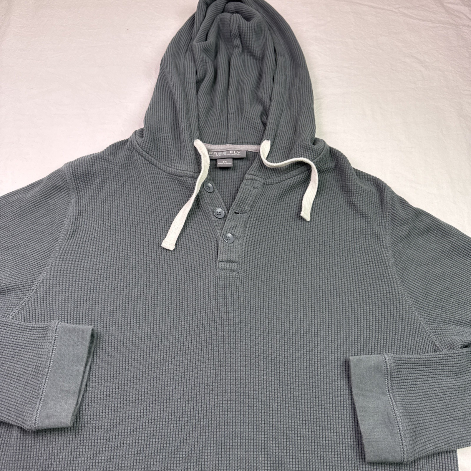 Free Fly medium Bamboo Waffle Knit Hoodie Slate Green Gray V-Neck Relaxed