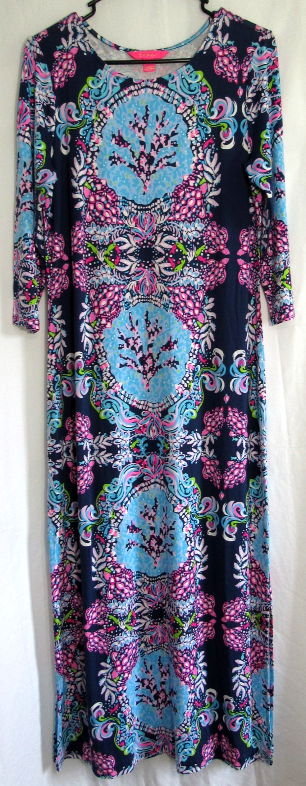 Lilly Pulitzer Morgann Blue Floral 3/4 Sleeve Side Slits Maxi Dress Size M EUC