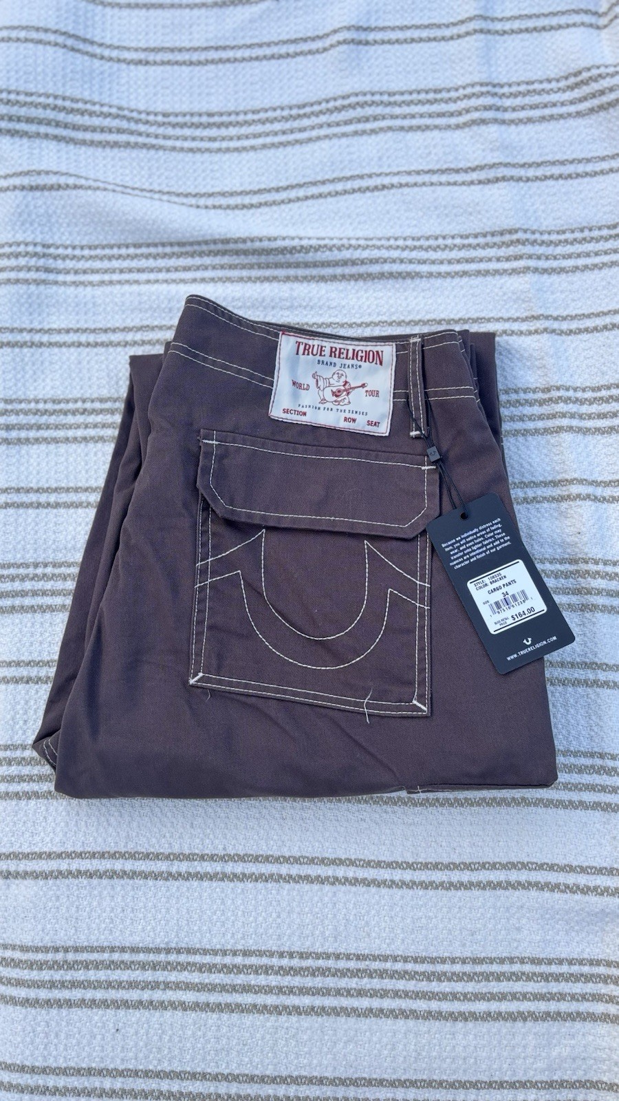 True Religion Men’s Bracken Brown Wide Cargo Pants, Size 34