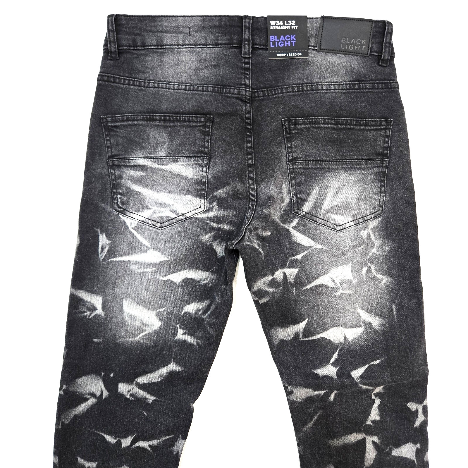 Black Light Men Jeans Stretch Slim Straight Fit Black Distressed Rip Denim