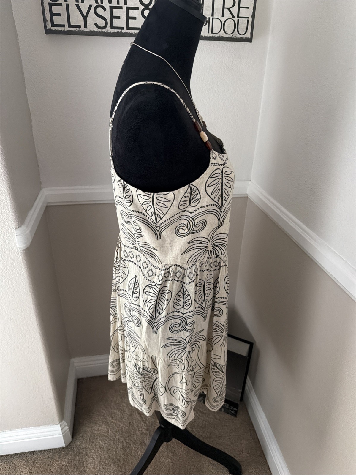 NWT Blue Island Tropical Boho Linen Blend Mini Dress Coverup Neutral Open Back M