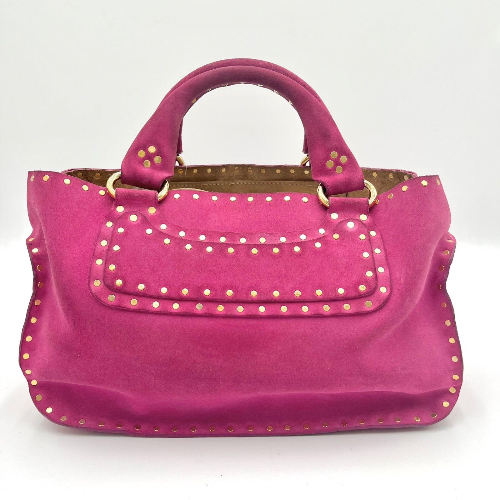 Auth Celine Boogie Bag Y2K Studded Suede Leather Handbag, Pink 2Y10216