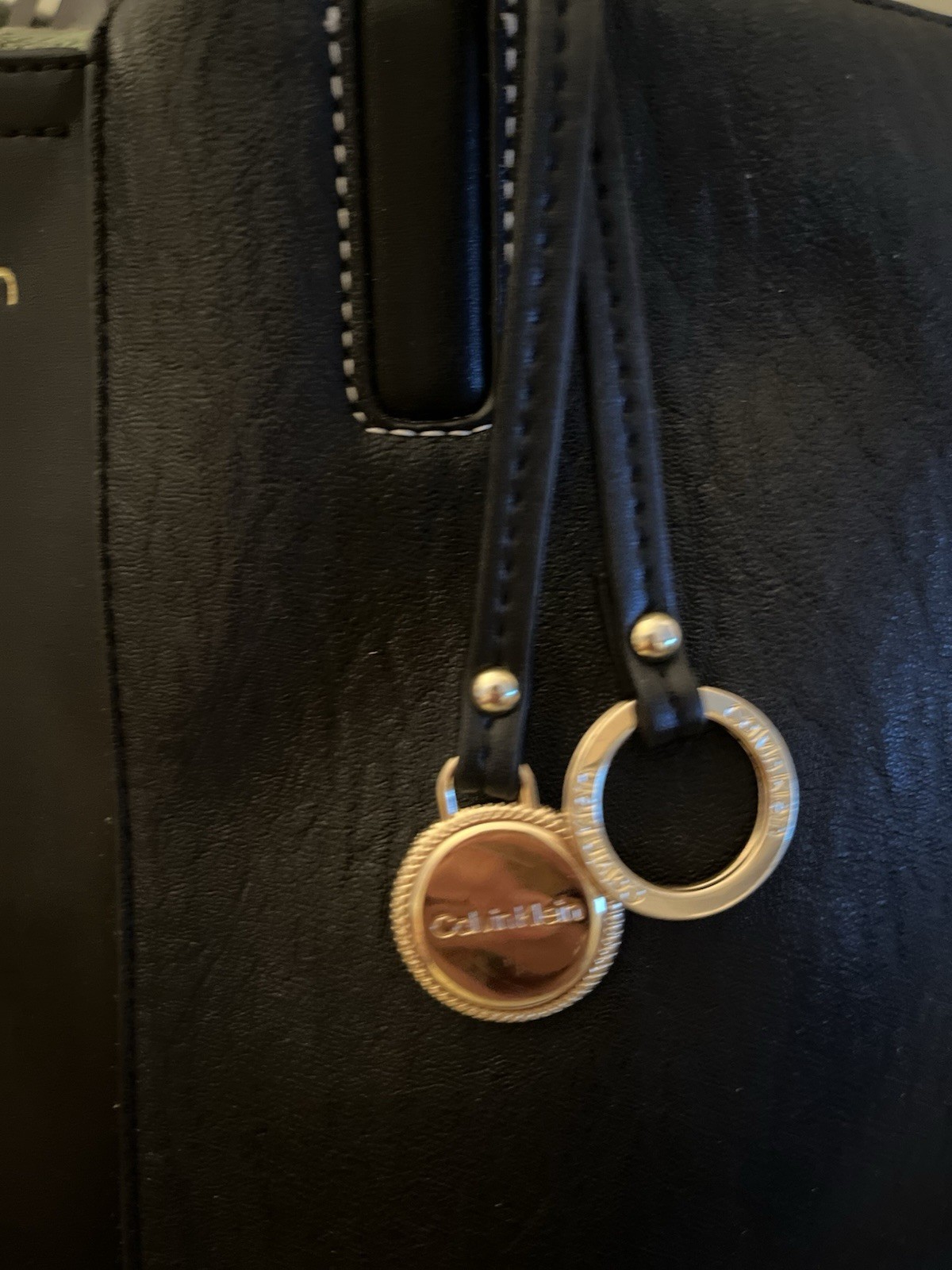 Calvin Klein Black Large Pebbled Logo Tote Gold Hardware Zip Lined Bag Charm