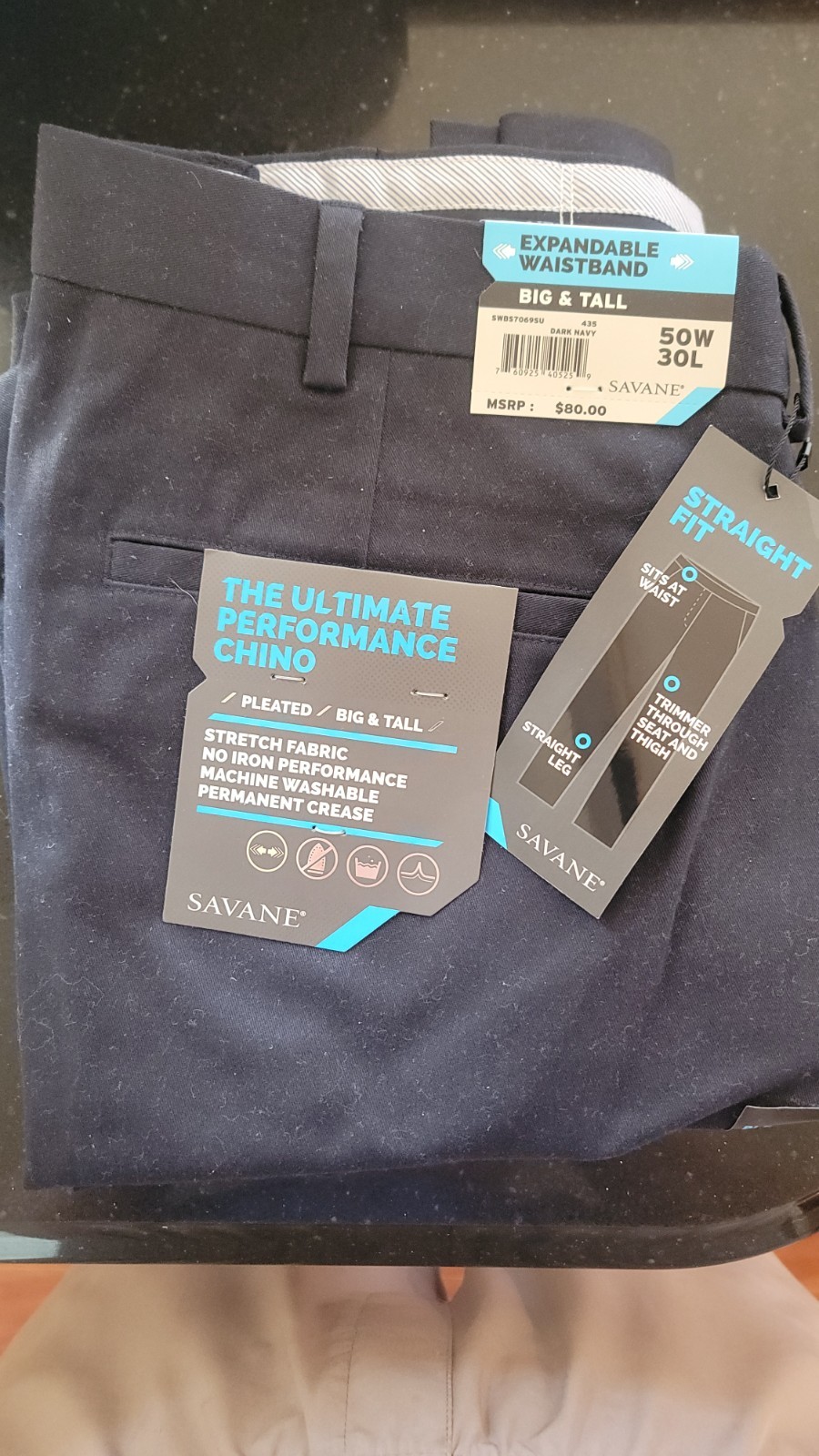 Savane Dark Navy 50″/30″ 50 Exp Waist Pleated Chinos