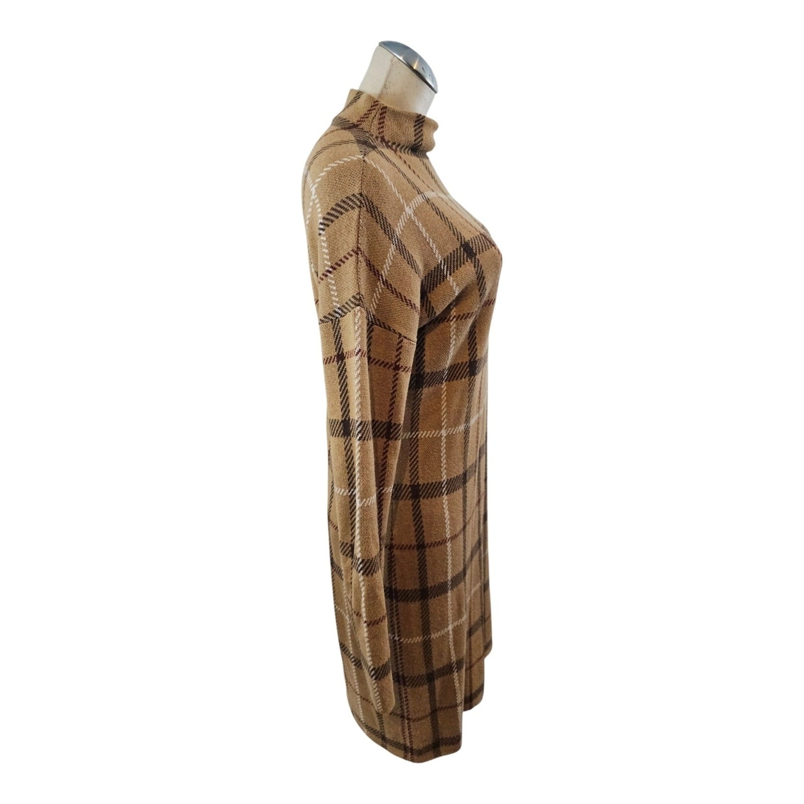 Rachel Zoe Size M Tan Plaid Sweater Dress Windowpane Knit