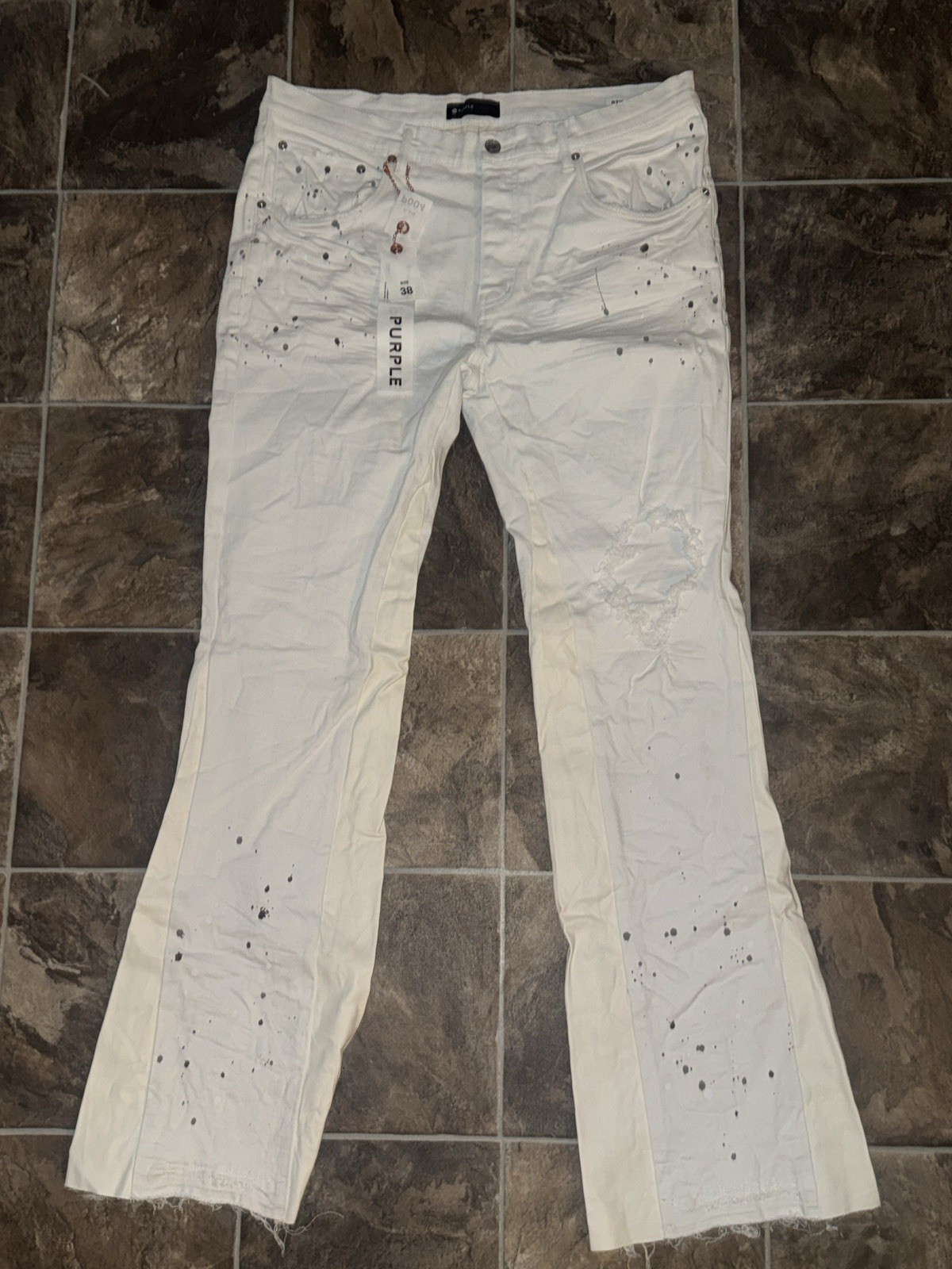 Purple Brand Double Panels Flare Distressed Paint Splatter White Jeans Men 38