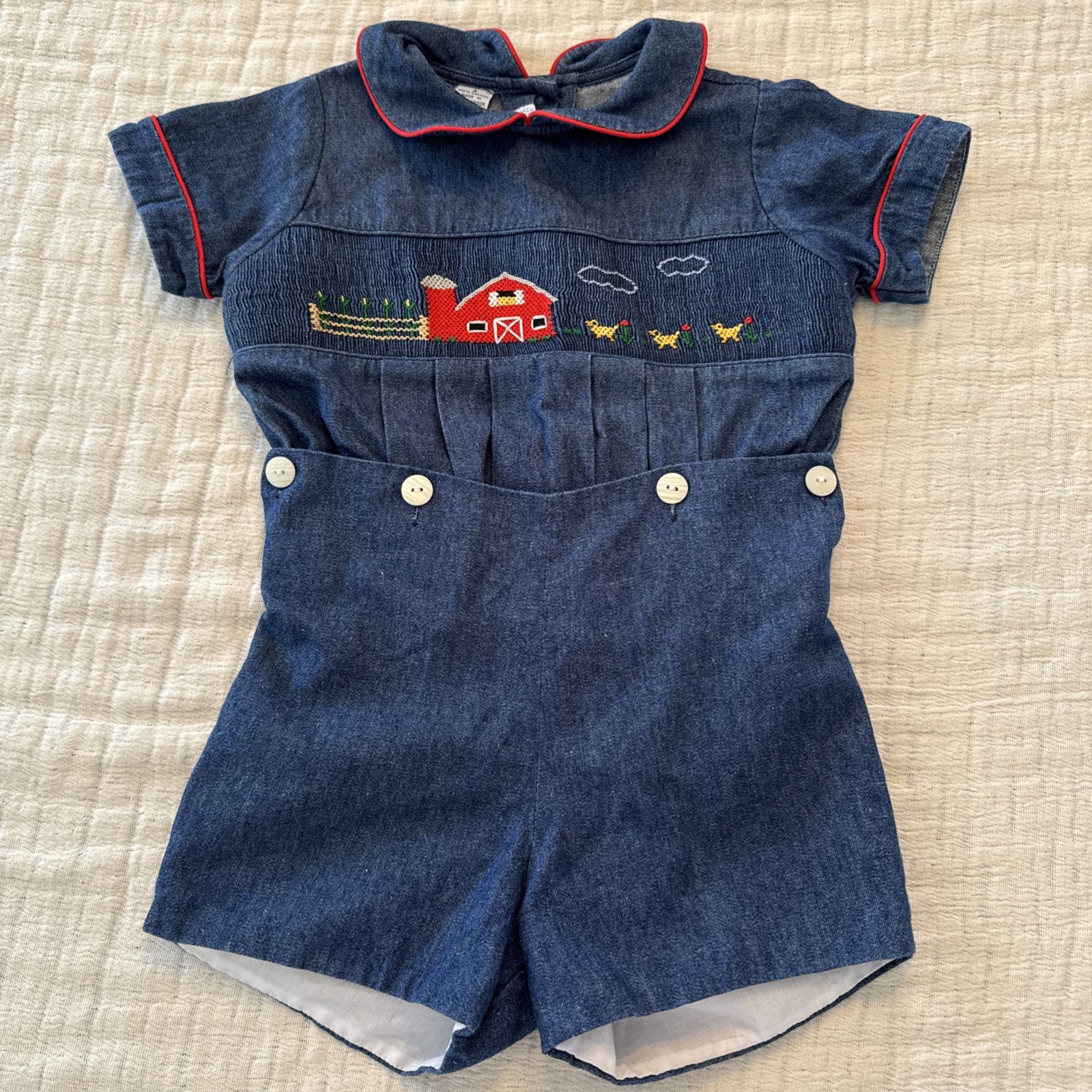VIVA LA FETE Vintage Toddler Kids 2 Romper Denim Smocked Barn Chickens Farm