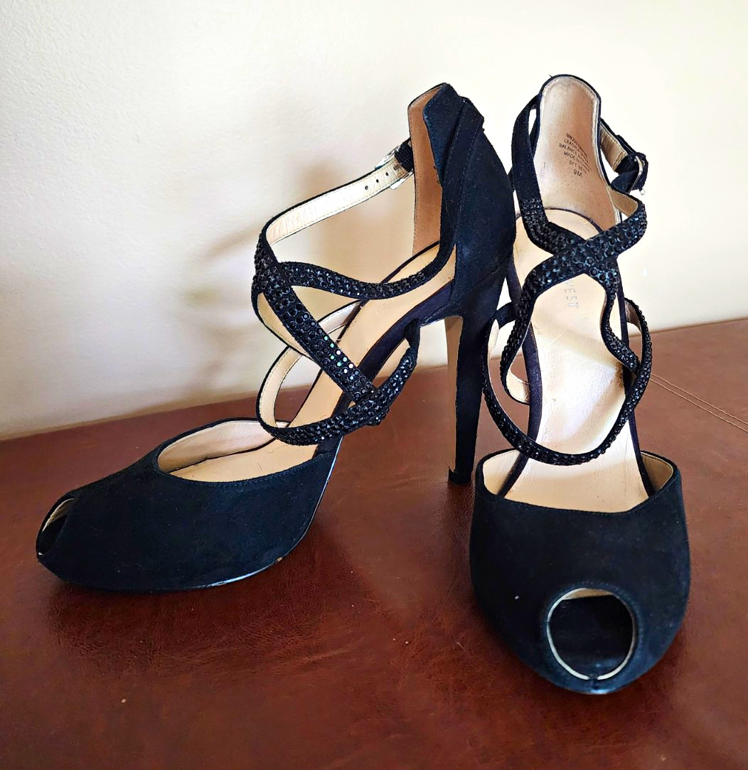 Nine West Black Suede Strappy Peep Toe Ankle Strap Rhinestone Buckle 9M