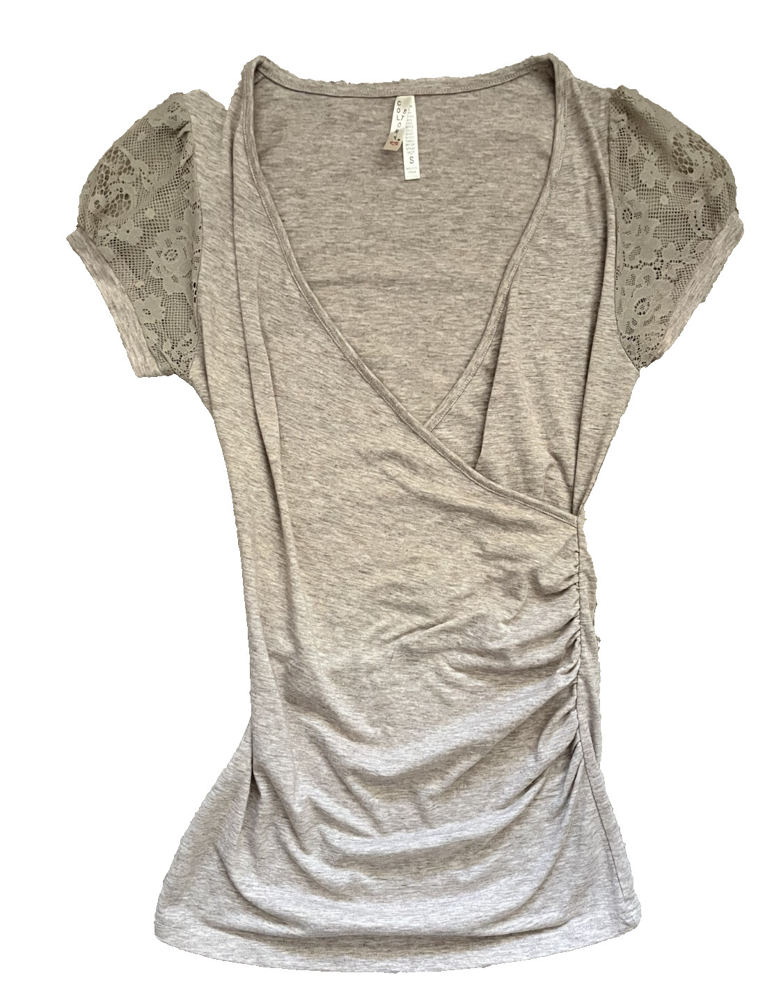 Women’s Size Small Color Story Beige Brown Wrap Tee with Mesh Puffed Sleeves Y2K