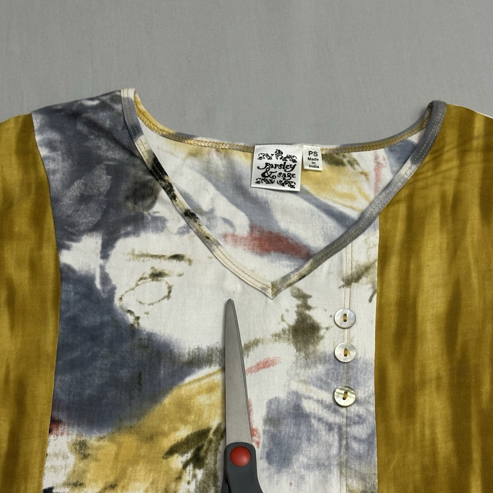 Parsley & Sage Top Womens Small Petite Sp Mixed Print Cotton Stretch India Shirt