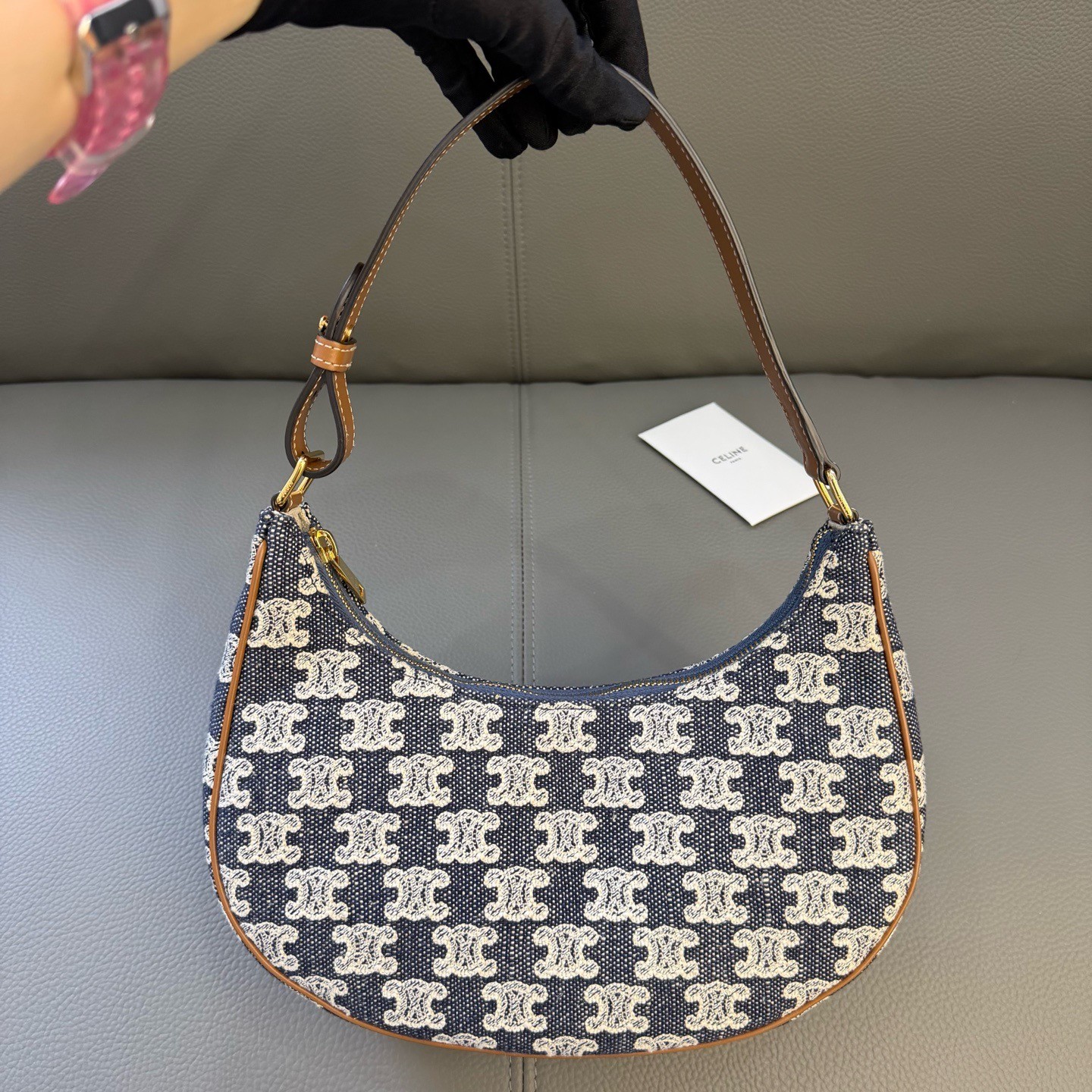 Celine Ava Denim Triomphe Embroidered Blue Shoulder Bag
