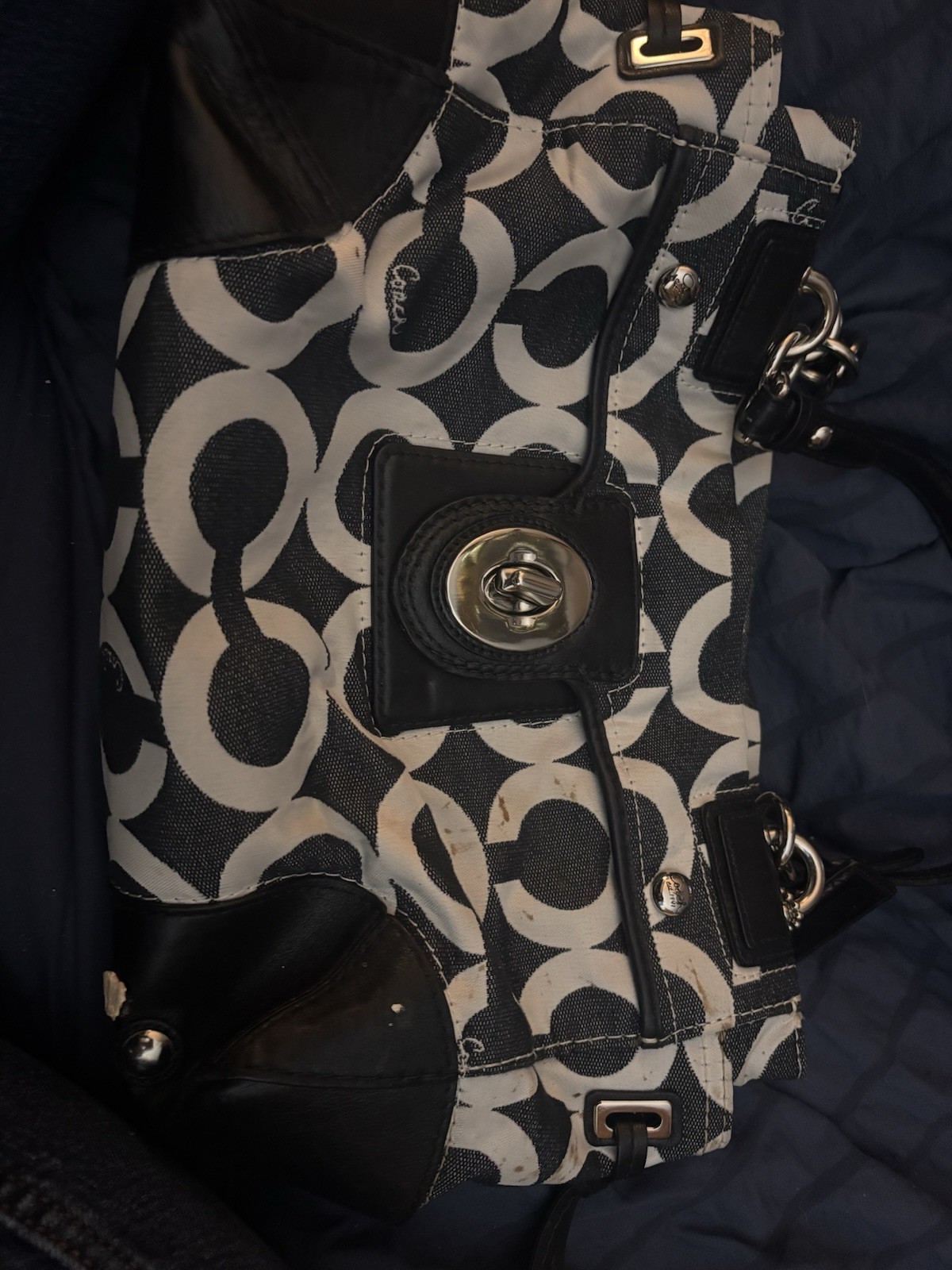 Coach Signature Logo Satchel Denim/White Turn Lock Closure Detachable Strap