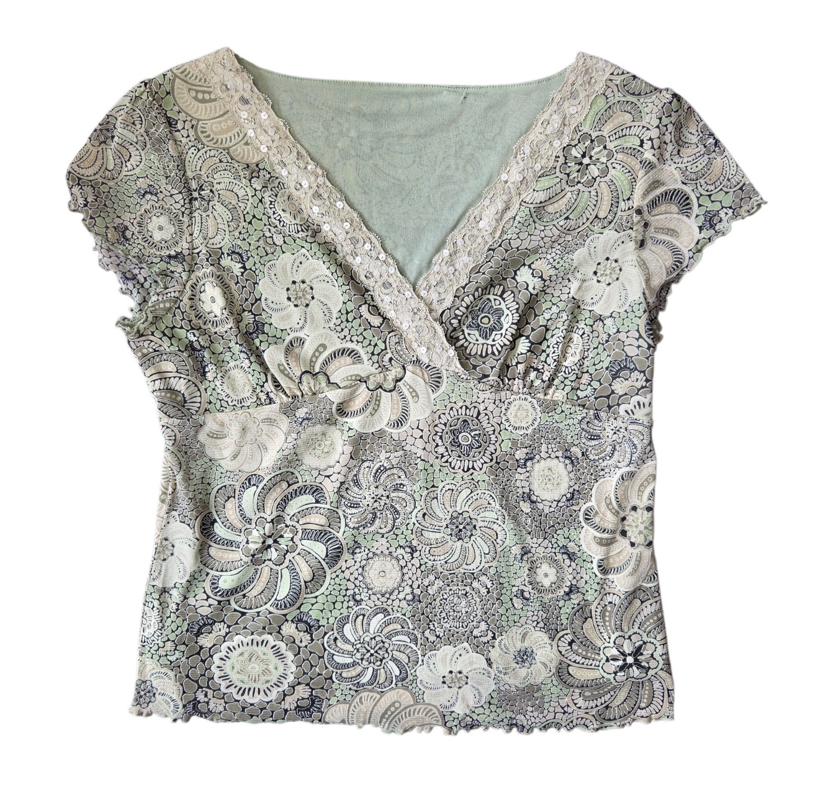 Y2K Lace + Sequin Trim Floral V-Neck Top in Light Green Fairycore Size Large