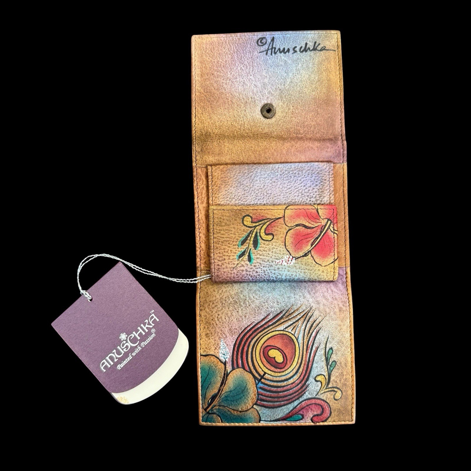 Anuschka Leather Tri-Fold Wallet Hand Painted Southwestern Tribal Colorful