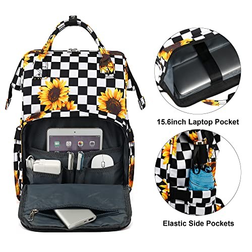 Laptop Backpack for Women, 15.6 inch College School Checkered Sunflower