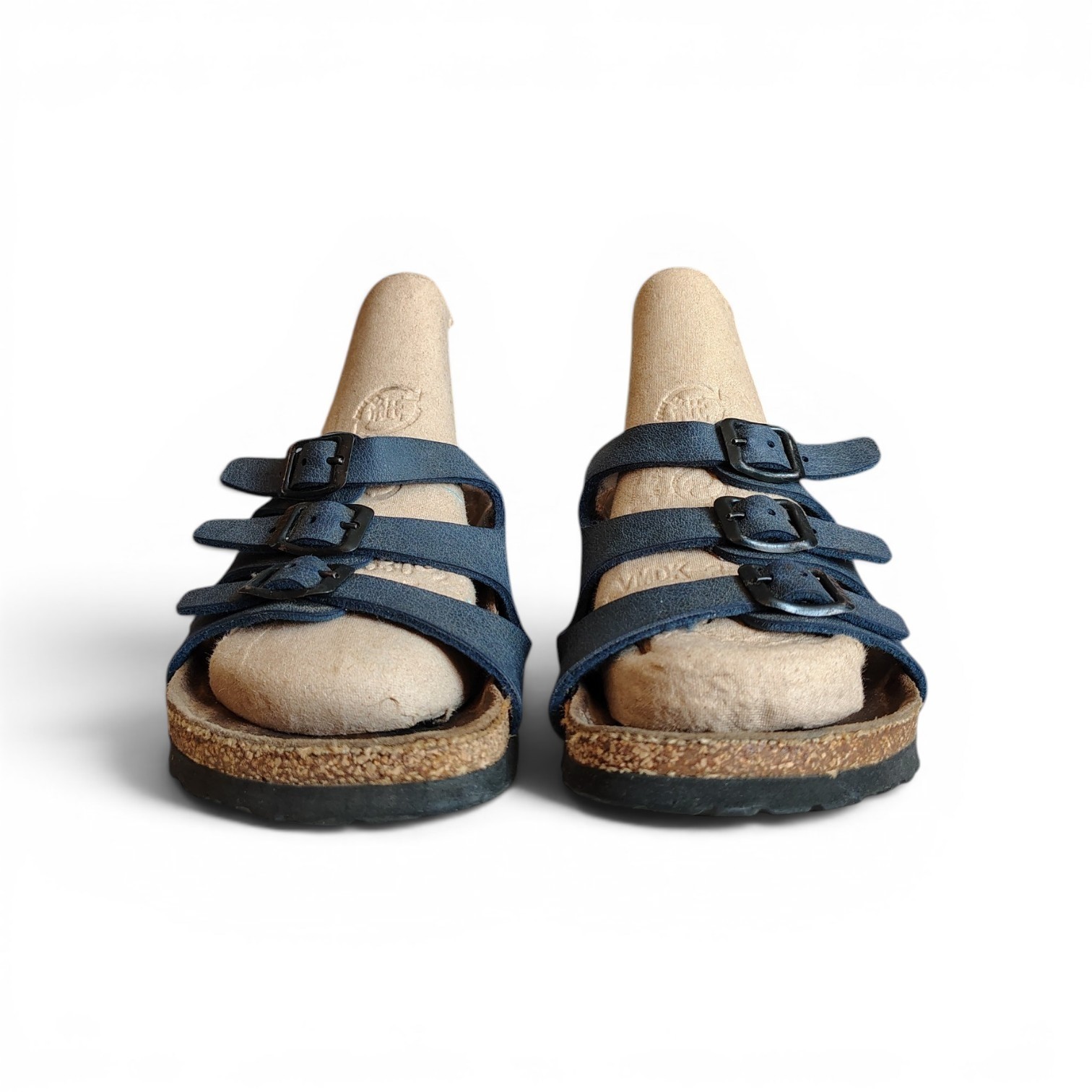 Birkenstock Men’s Blue Leather 3-Buckle Slide Sandals Cork Insole US 6